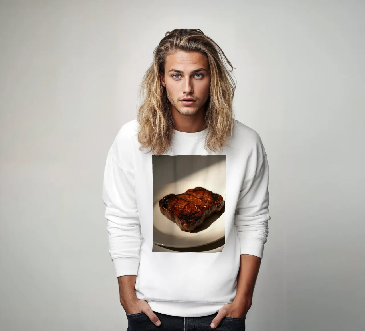 Bistecca perfettamente grigliata servita su un semplice piatto bianco felpa da DesignDoodle