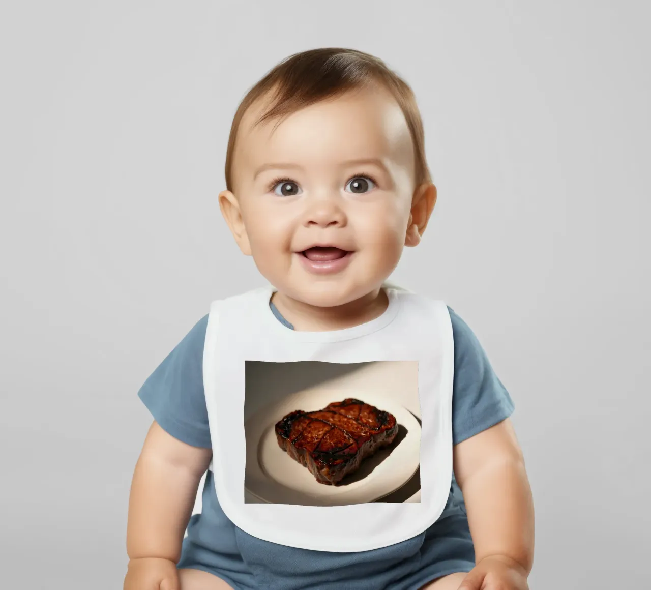 Bistecca perfettamente grigliata servita su un semplice piatto bianco bavaglino da DesignDoodle