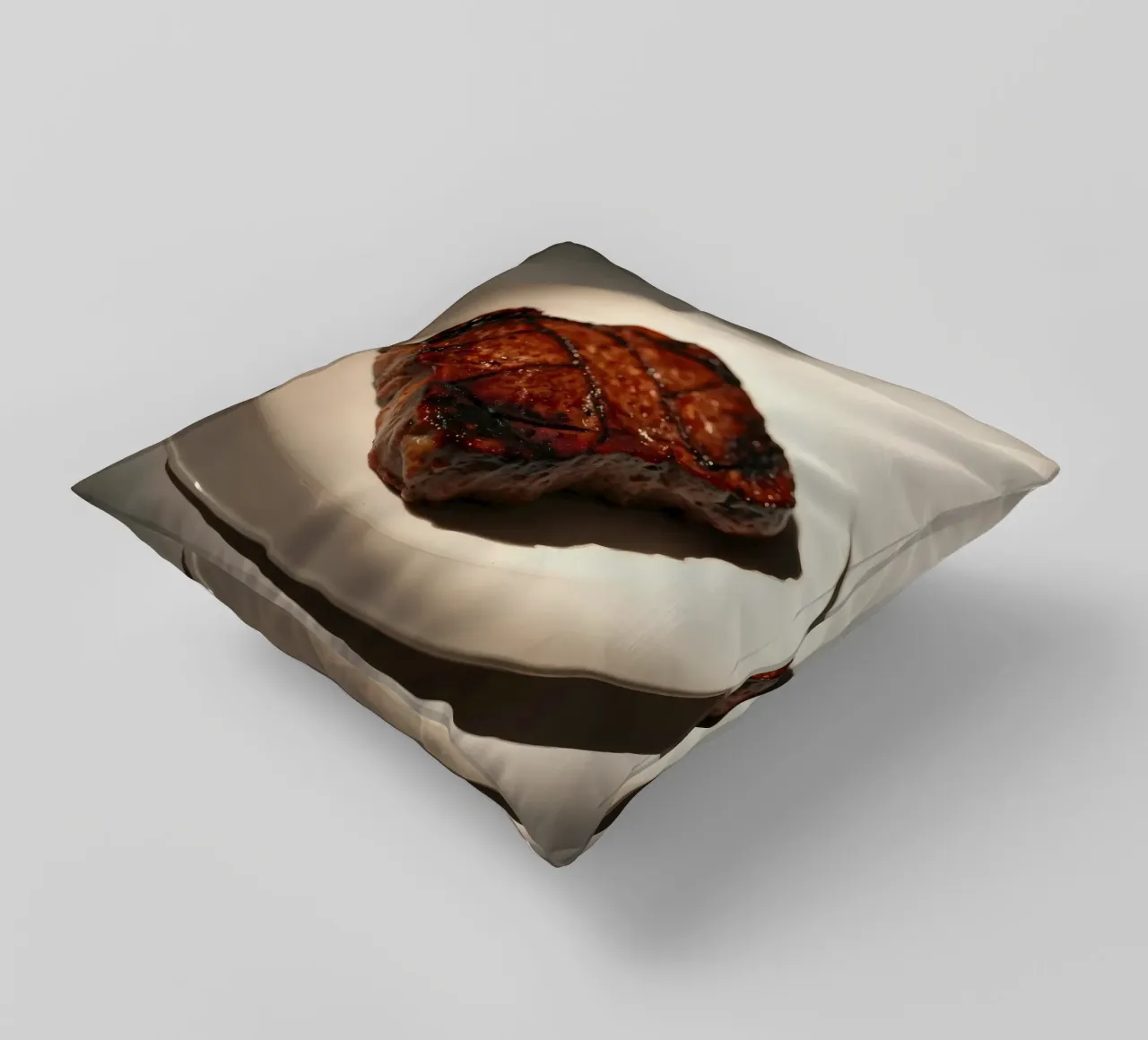 Bistecca perfettamente grigliata servita su un semplice piatto bianco cuscino da DesignDoodle