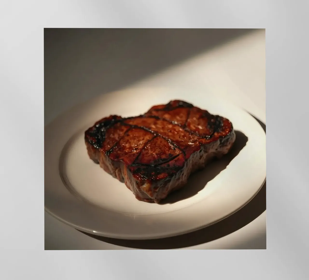 Bistecca perfettamente grigliata servita su un semplice piatto bianco pellicola backlit da DesignDoodle