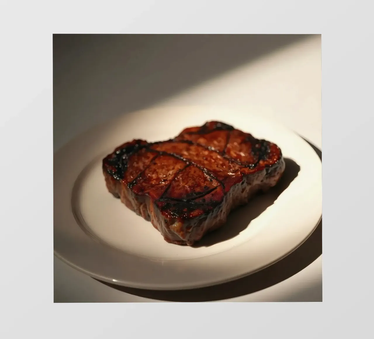 Bistecca perfettamente grigliata servita su un semplice piatto bianco pellicola backlit da DesignDoodle
