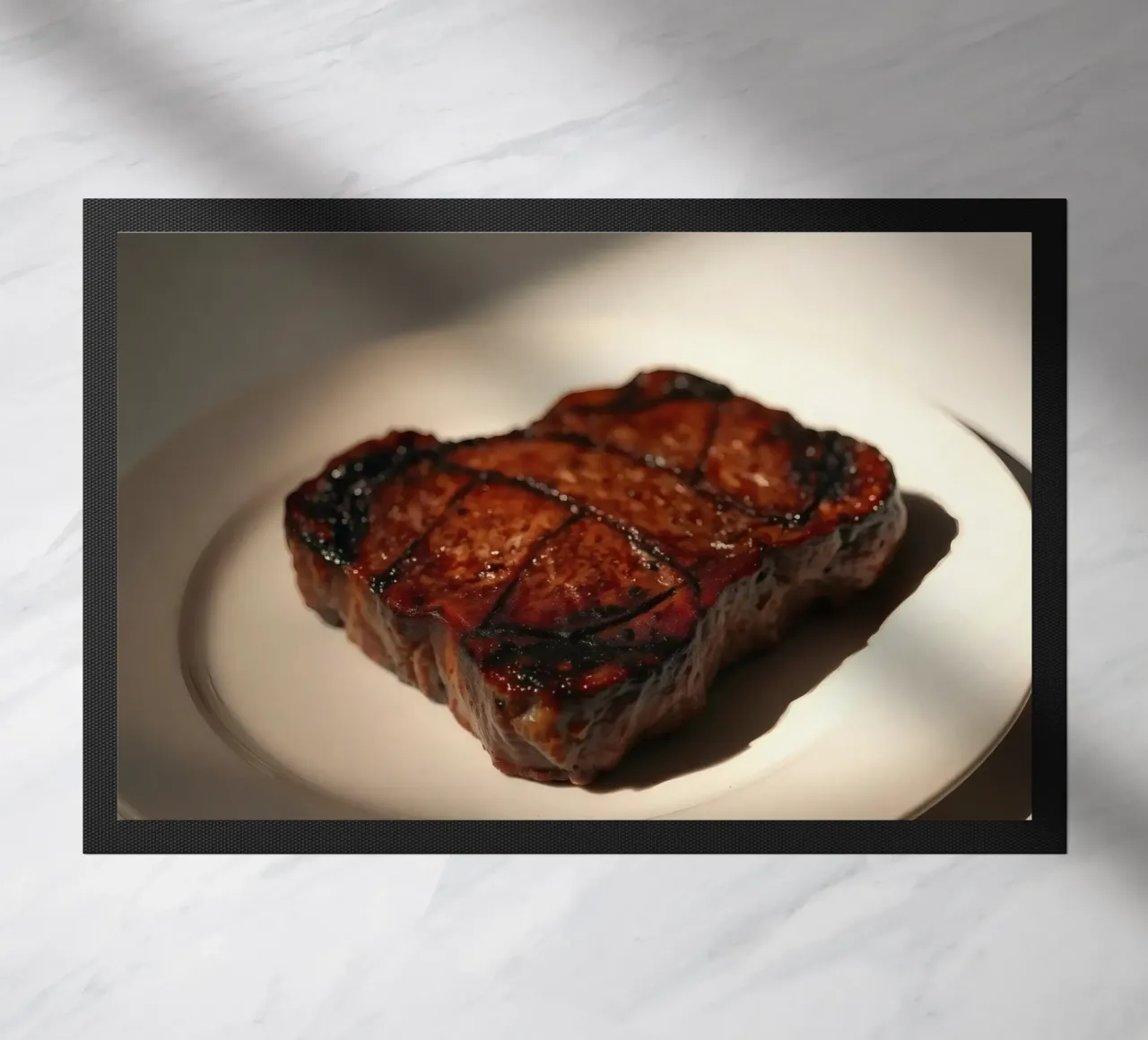 Bistecca perfettamente grigliata servita su un semplice piatto bianco zerbino da DesignDoodle