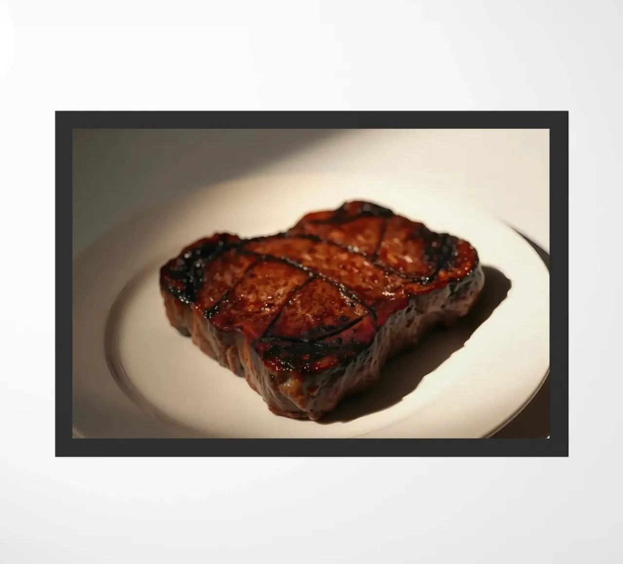 Bistecca perfettamente grigliata servita su un semplice piatto bianco zerbino da DesignDoodle