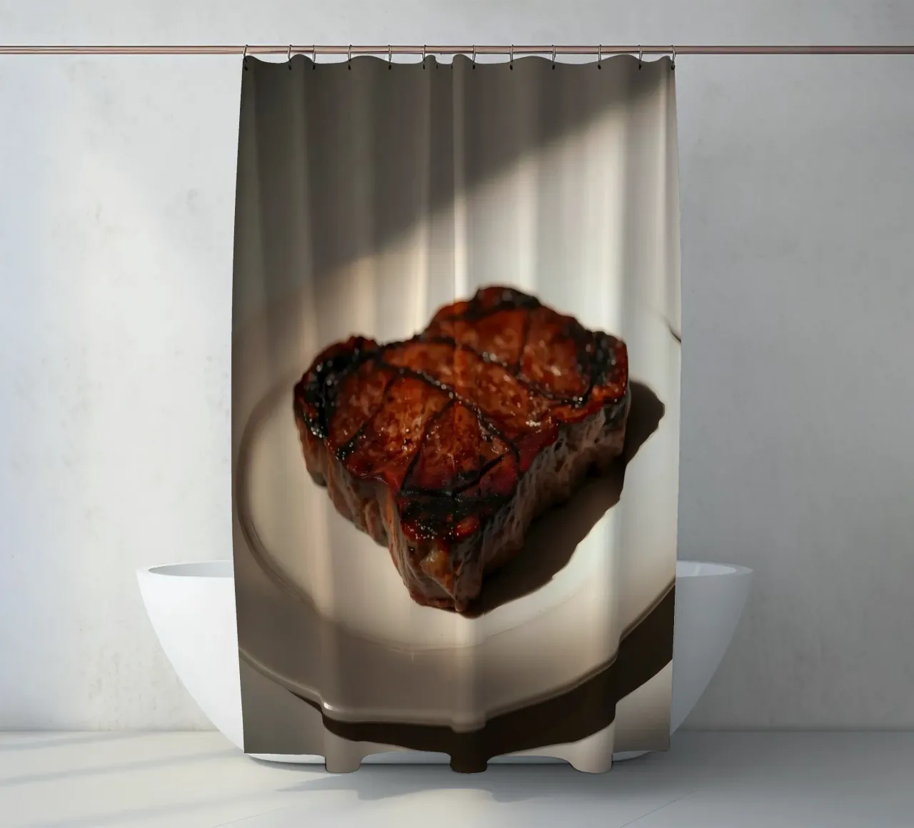 Bistecca perfettamente grigliata servita su un semplice piatto bianco tenda da doccia da DesignDoodle
