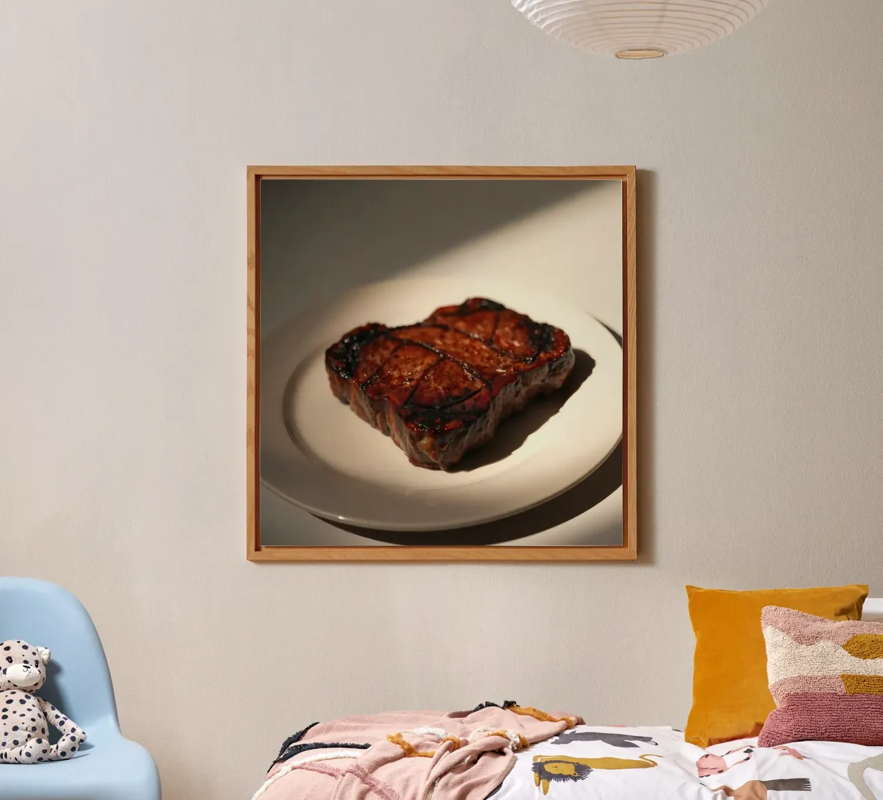 Bistecca perfettamente grigliata servita su un semplice piatto bianco alluminio dibond da DesignDoodle