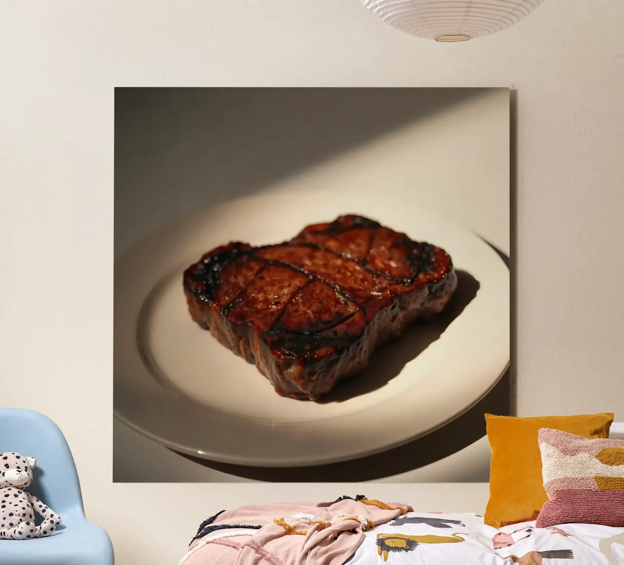 Bistecca perfettamente grigliata servita su un semplice piatto bianco alluminio dibond da DesignDoodle