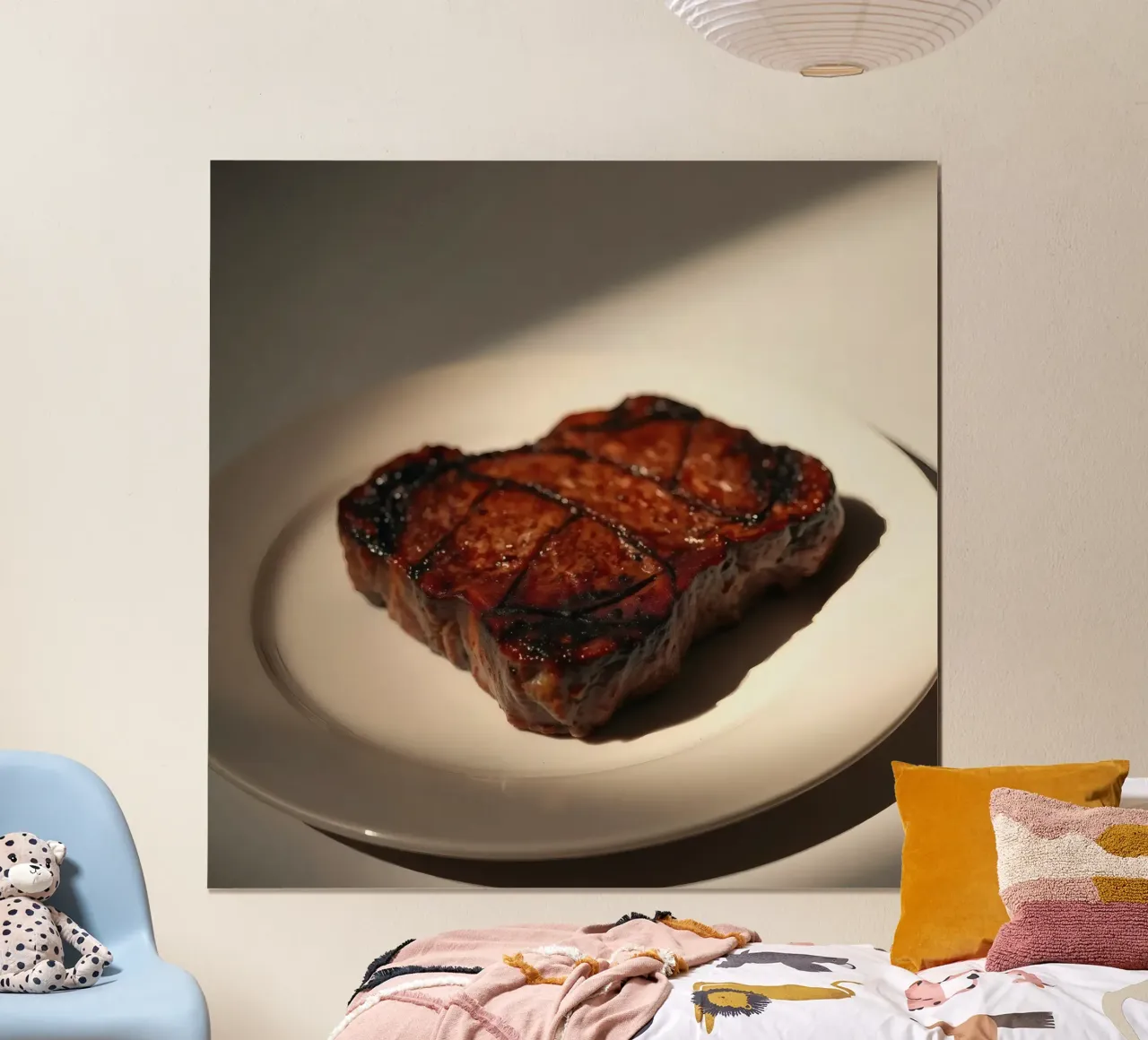 Steak parfaitement grillé servi sur une simple assiette blanche poster de DesignDoodle