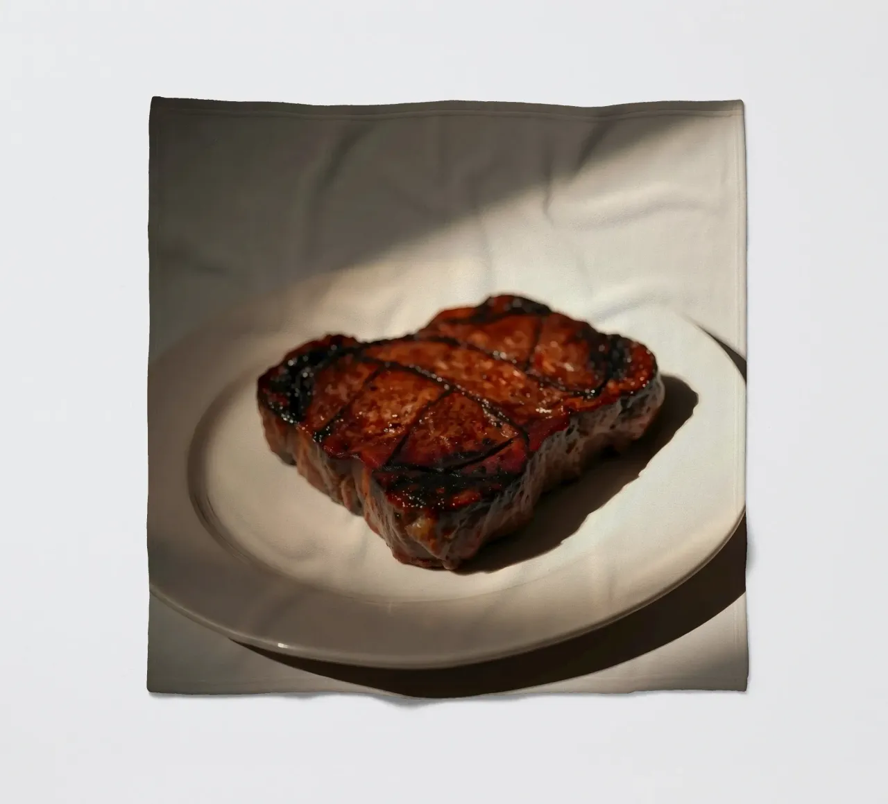 Bistecca perfettamente grigliata servita su un semplice piatto bianco coperta in pile da DesignDoodle