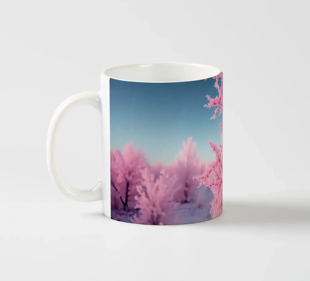 Bellissimi alberi rosa in un paesaggio etereo al tramonto con tazza in ceramica da DesignDoodle
