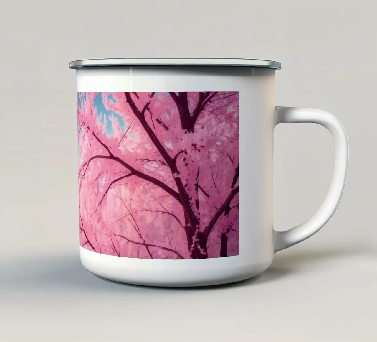 Bellissimi alberi rosa in un paesaggio etereo al tramonto con tazza in smalto da DesignDoodle