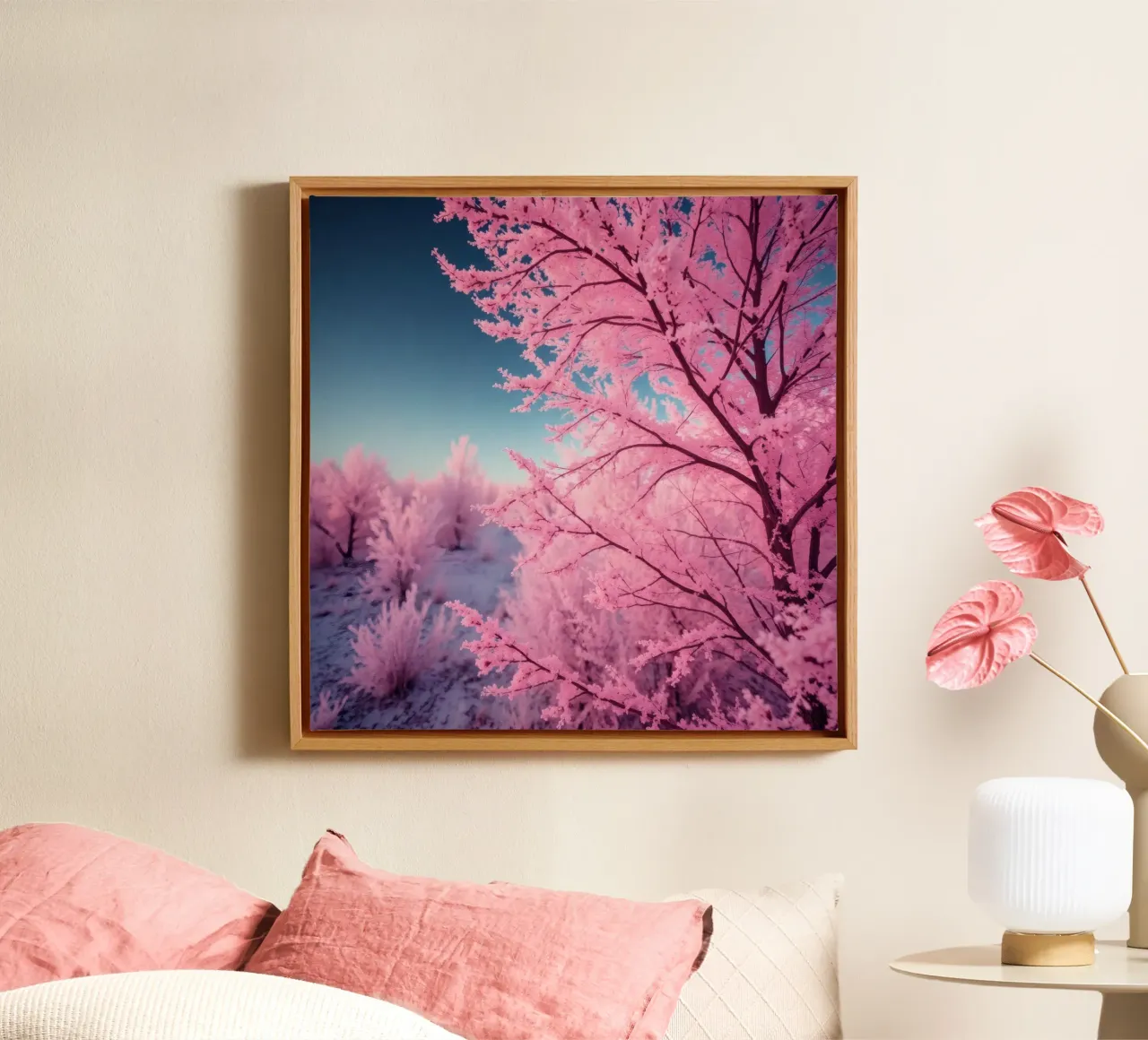 Beautiful pink trees in an ethereal landscape at sunset with canvas with Floater frame by DesignDoodle