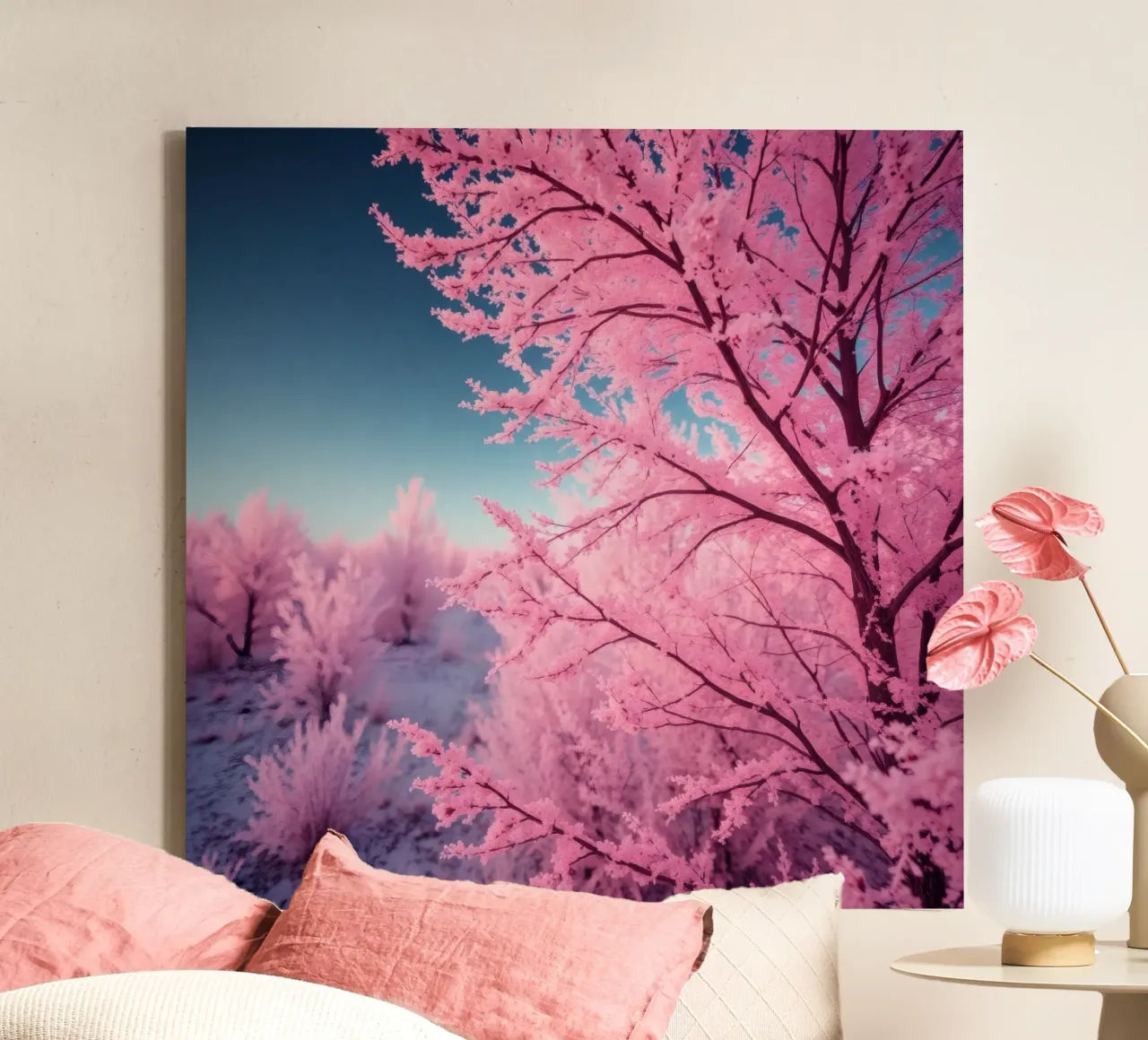 Beautiful pink trees in an ethereal landscape at sunset with canvas with Floater frame by DesignDoodle