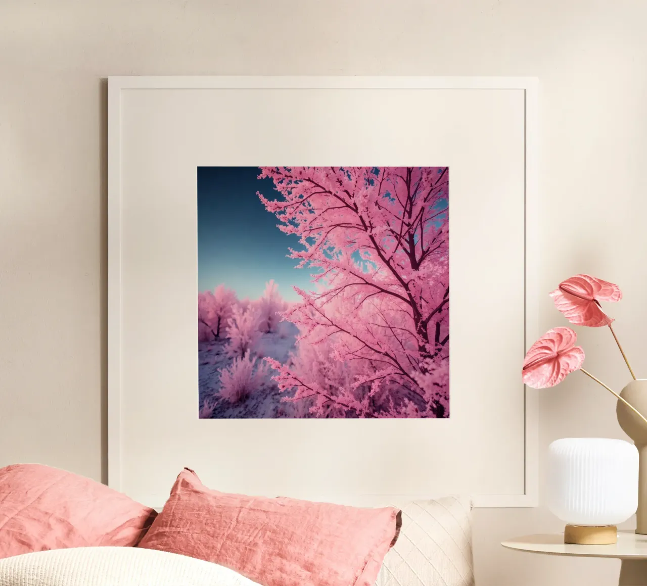 Schöne rosa Bäume in einer ätherischen Landschaft bei Sonnenuntergang mit Poster mit Holzrahmen von DesignDoodle