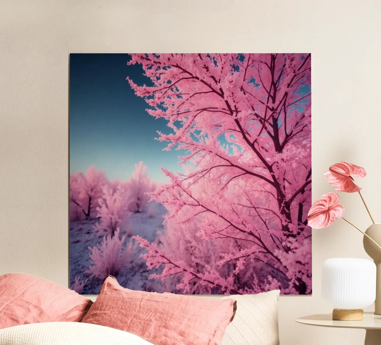 Schöne rosa Bäume in einer ätherischen Landschaft bei Sonnenuntergang mit Poster mit Holzrahmen von DesignDoodle