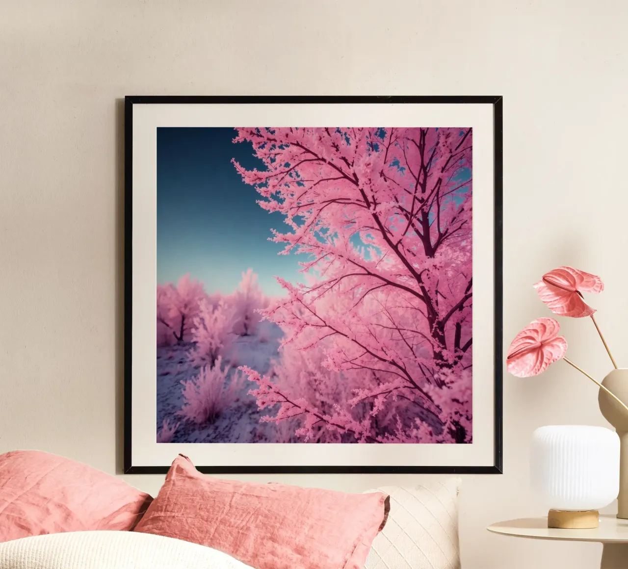 Schöne rosa Bäume in einer ätherischen Landschaft bei Sonnenuntergang mit Poster mit Holzrahmen von DesignDoodle