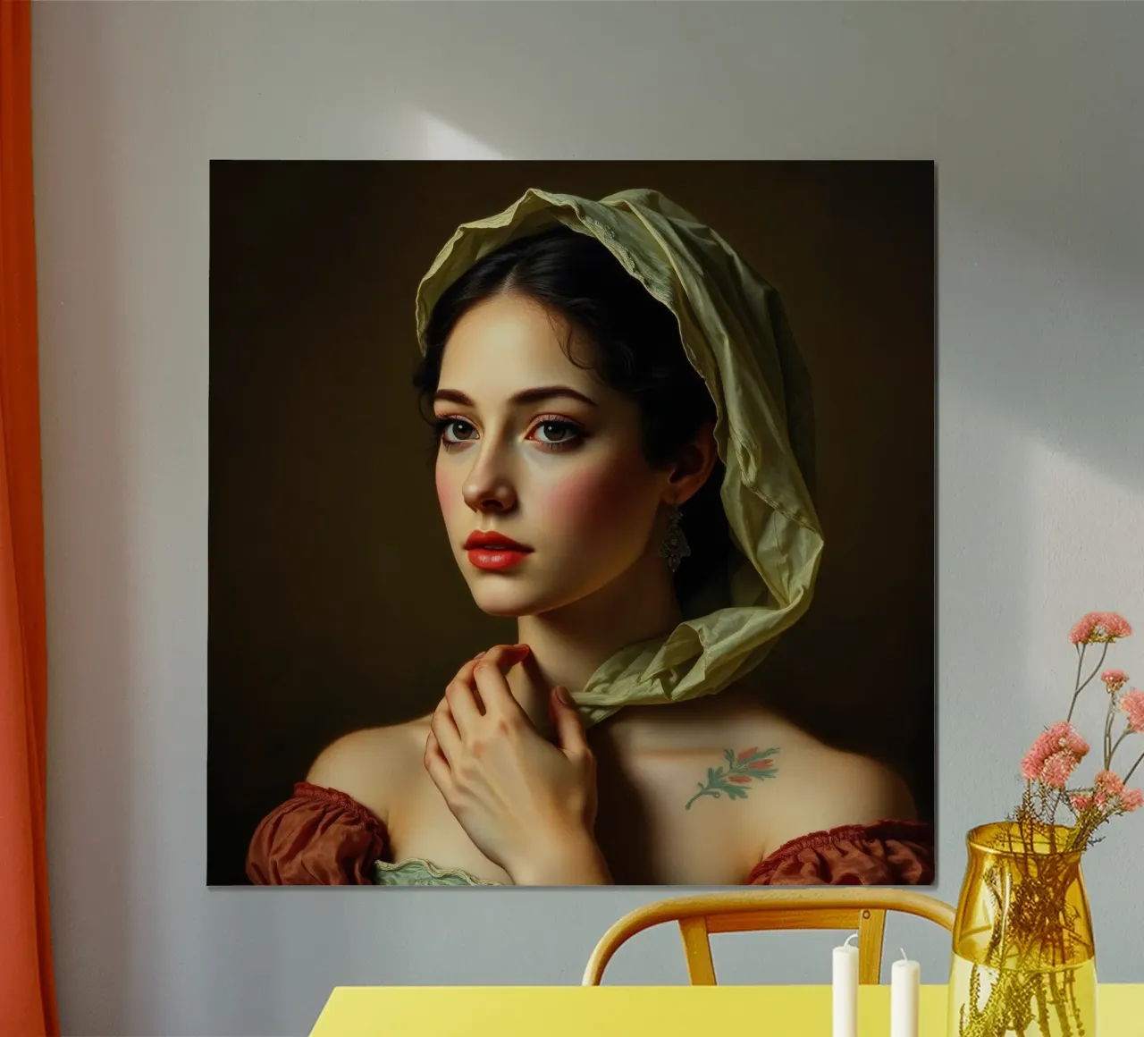 Porträt einer jungen Frau in historischem Gewand mit Kopftuch Poster mit Kunststoffrahmen von DesignDoodle