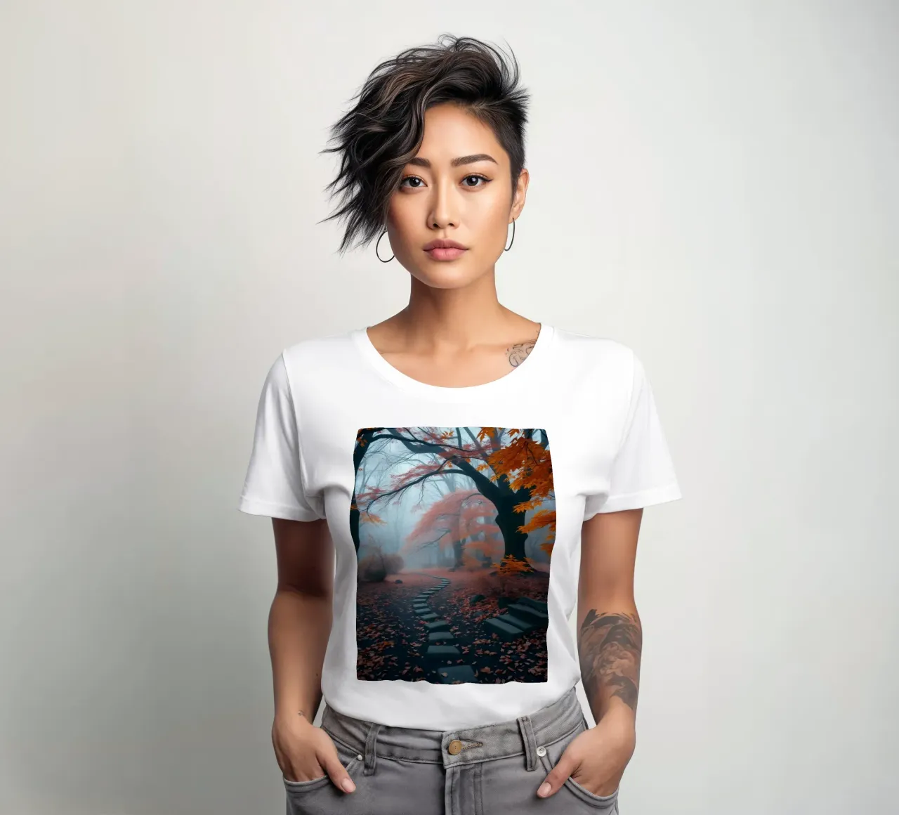 Serene autumn pathway winding through misty forest women's fitted t-shirt by DesignDoodle