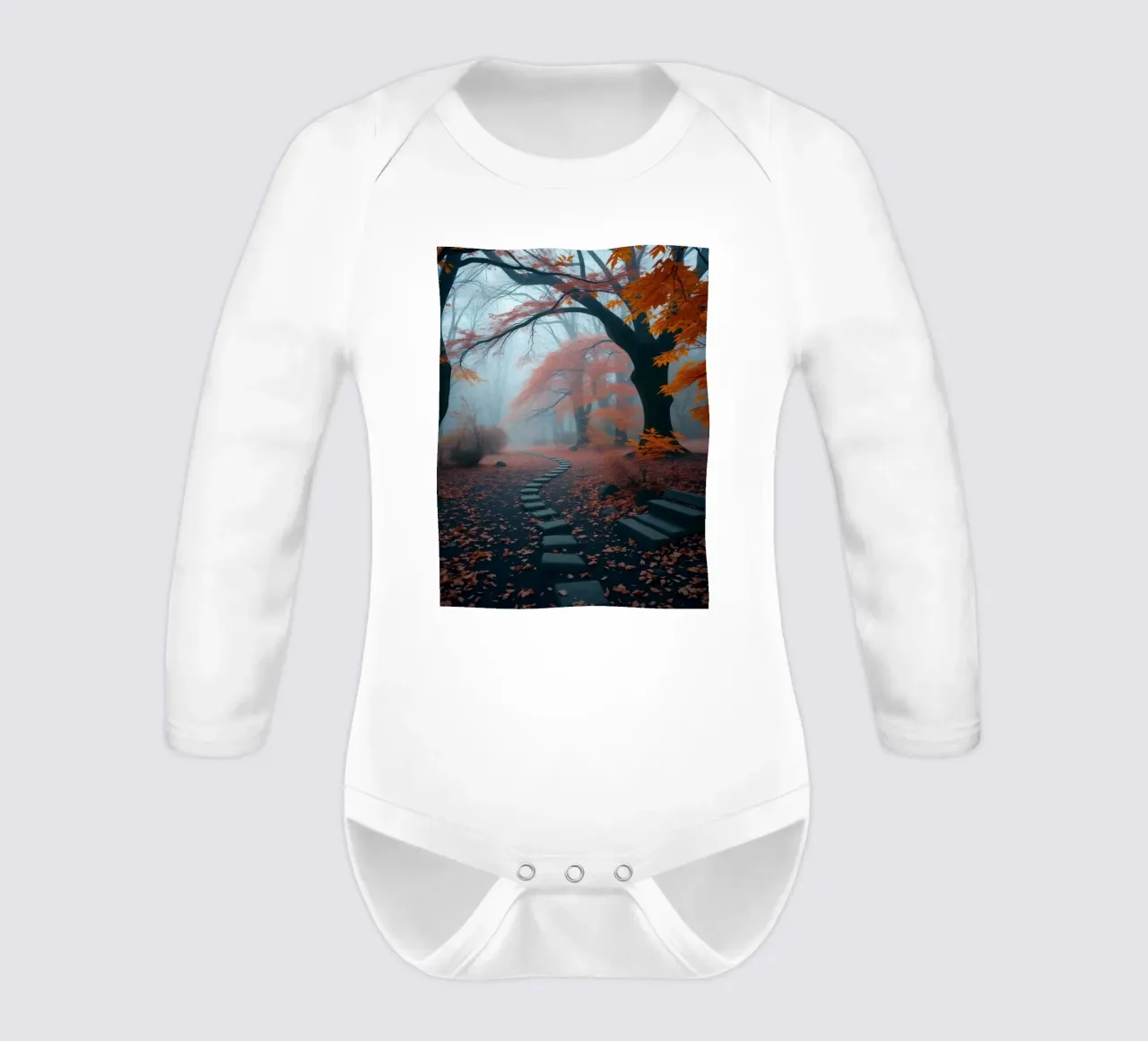 Serene autumn pathway winding through misty forest long-sleeve baby romper by DesignDoodle