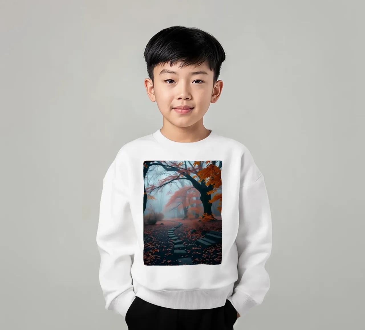Sentier d'automne serein serpentant à travers une forêt brumeuse sweat enfant de DesignDoodle