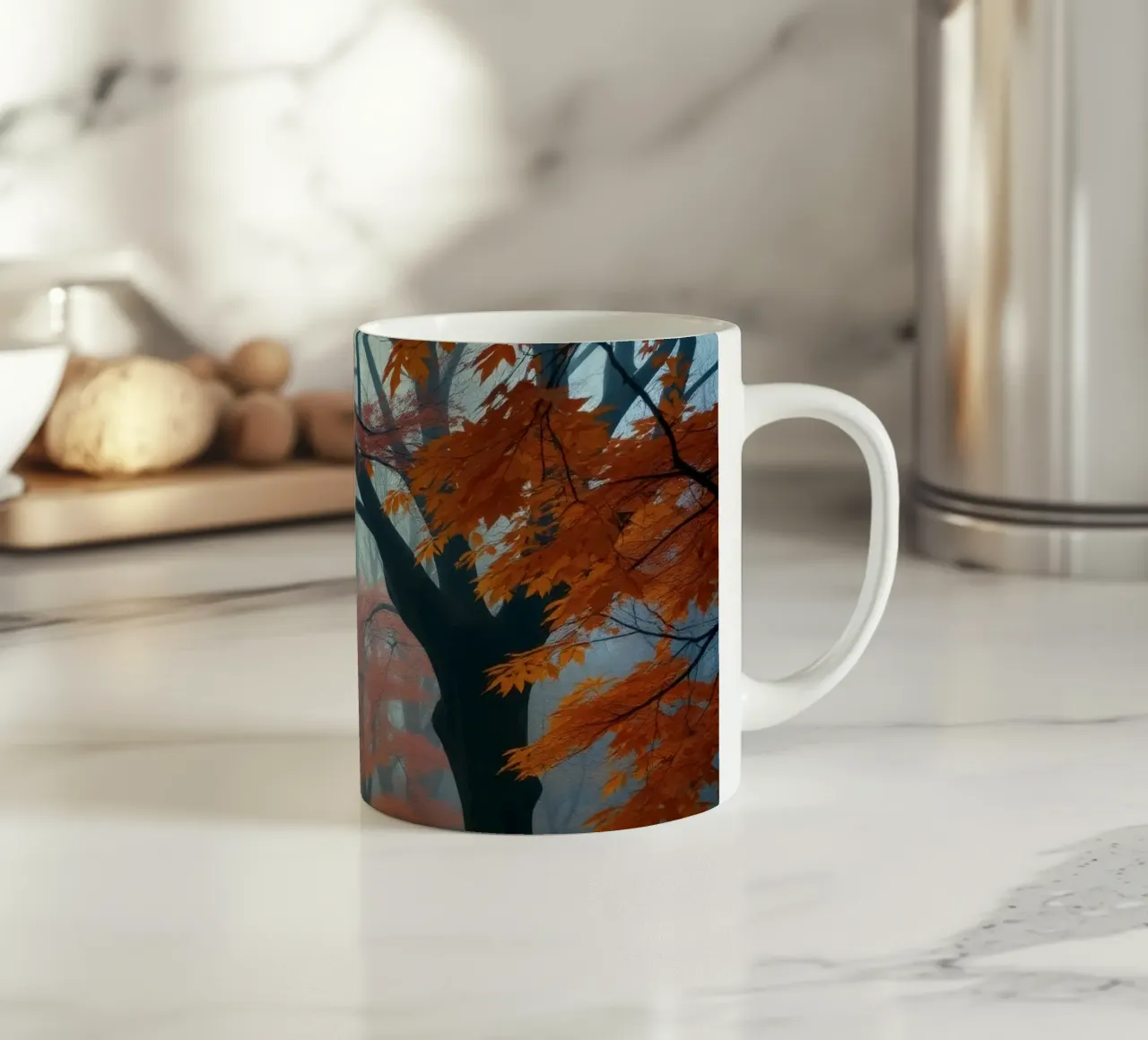 Sentier d'automne serein serpentant à travers une forêt brumeuse mug en céramique de DesignDoodle