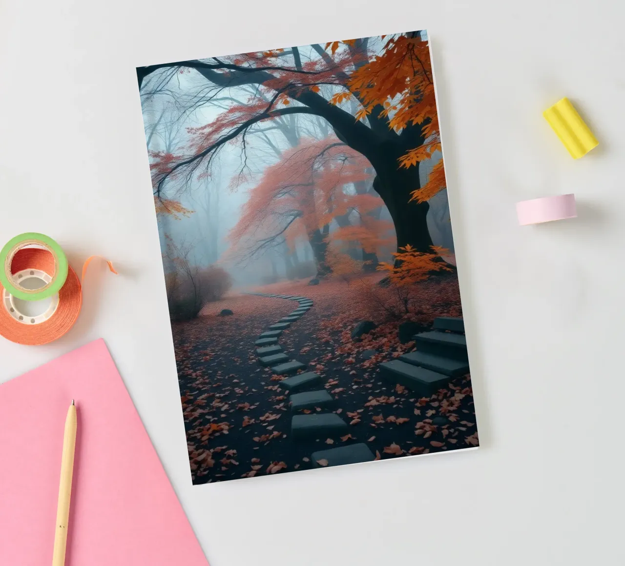 Sentier d'automne serein serpentant à travers une forêt brumeuse carnet de notes de DesignDoodle