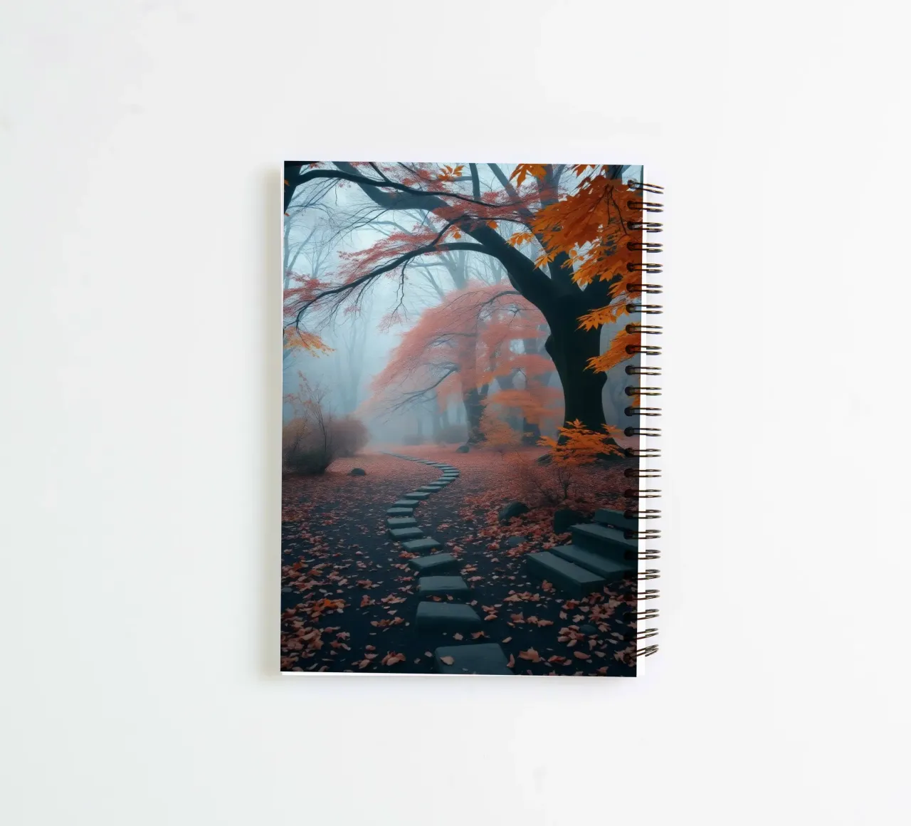 Serene autumn pathway winding through misty forest spiral notebook by DesignDoodle
