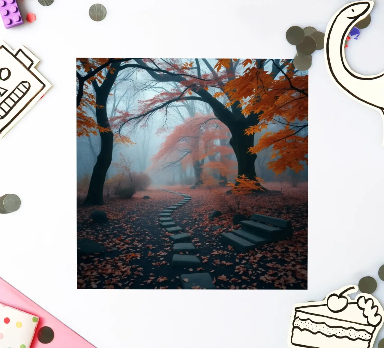 Sentier d'automne serein serpentant à travers une forêt brumeuse autocollant de DesignDoodle