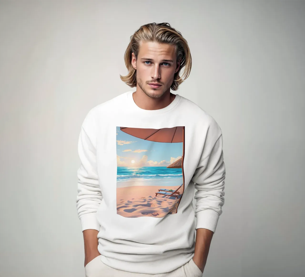 Scena rilassante sulla spiaggia al tramonto con sedia a sdraio e ombrellone felpa da DesignDoodle