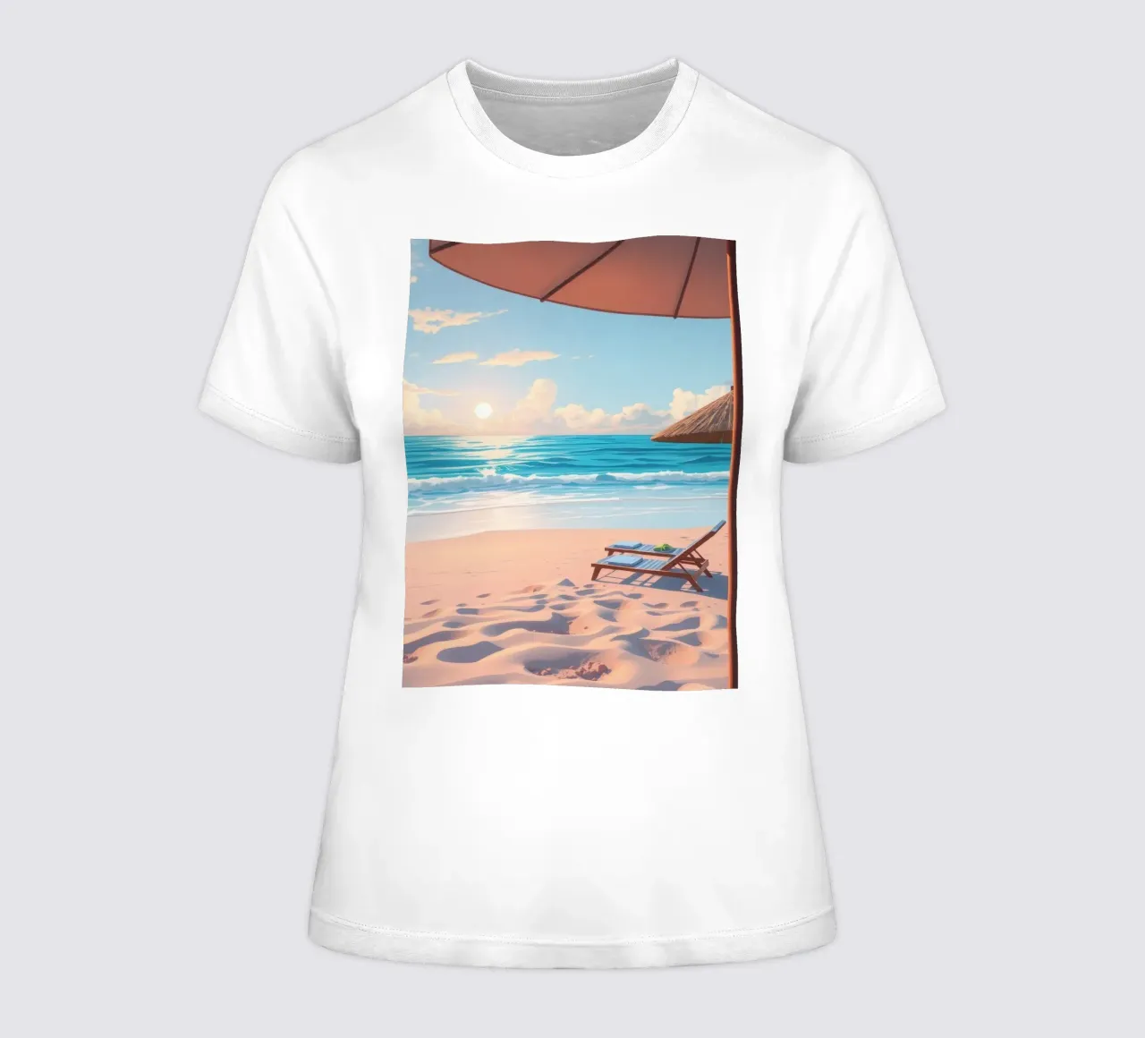 Relajante escena de playa al atardecer con tumbona y sombrilla camiseta de mujer de DesignDoodle