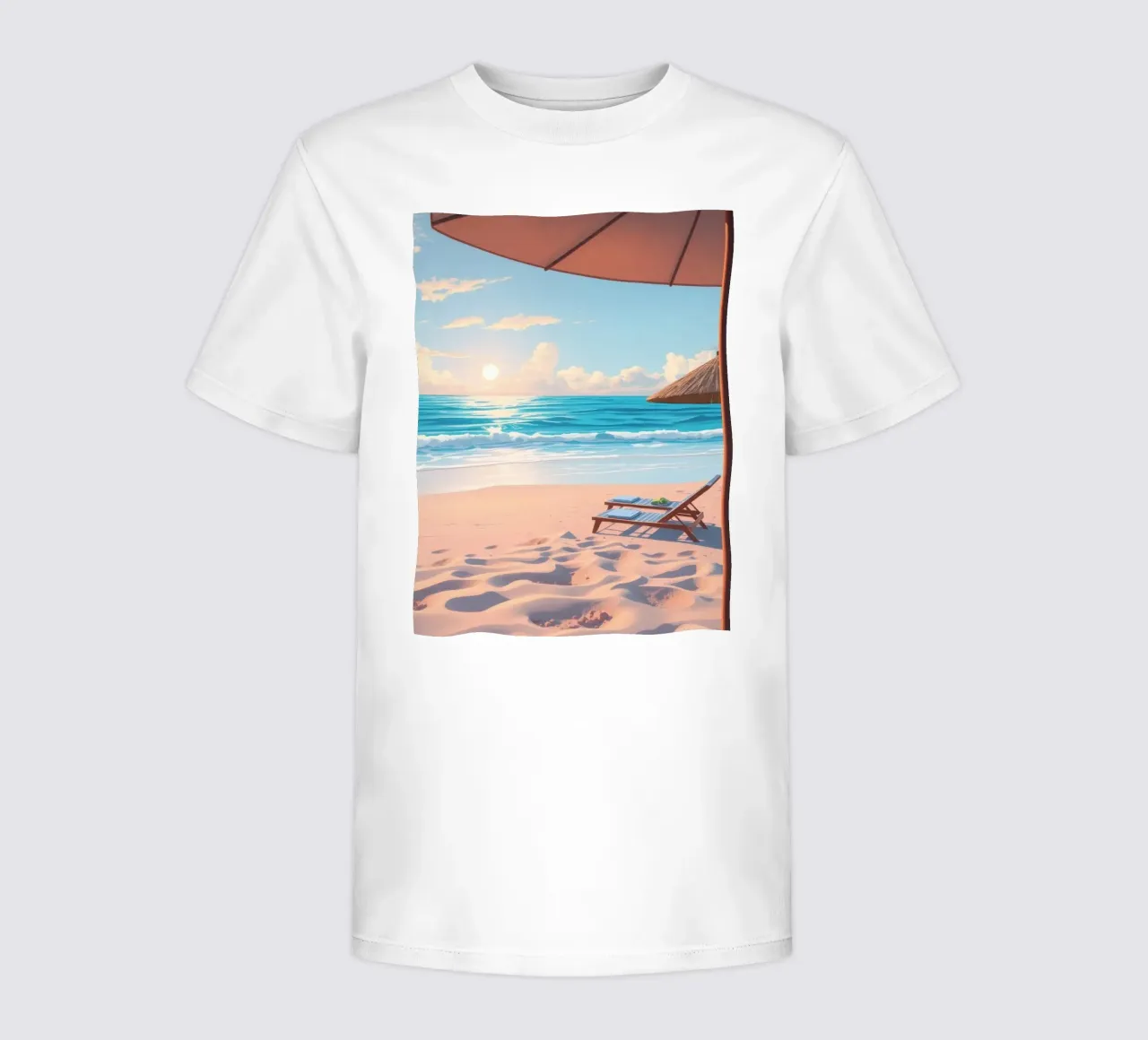 Scena rilassante sulla spiaggia al tramonto con sedia a sdraio e ombrellone t-shirt bambini da DesignDoodle