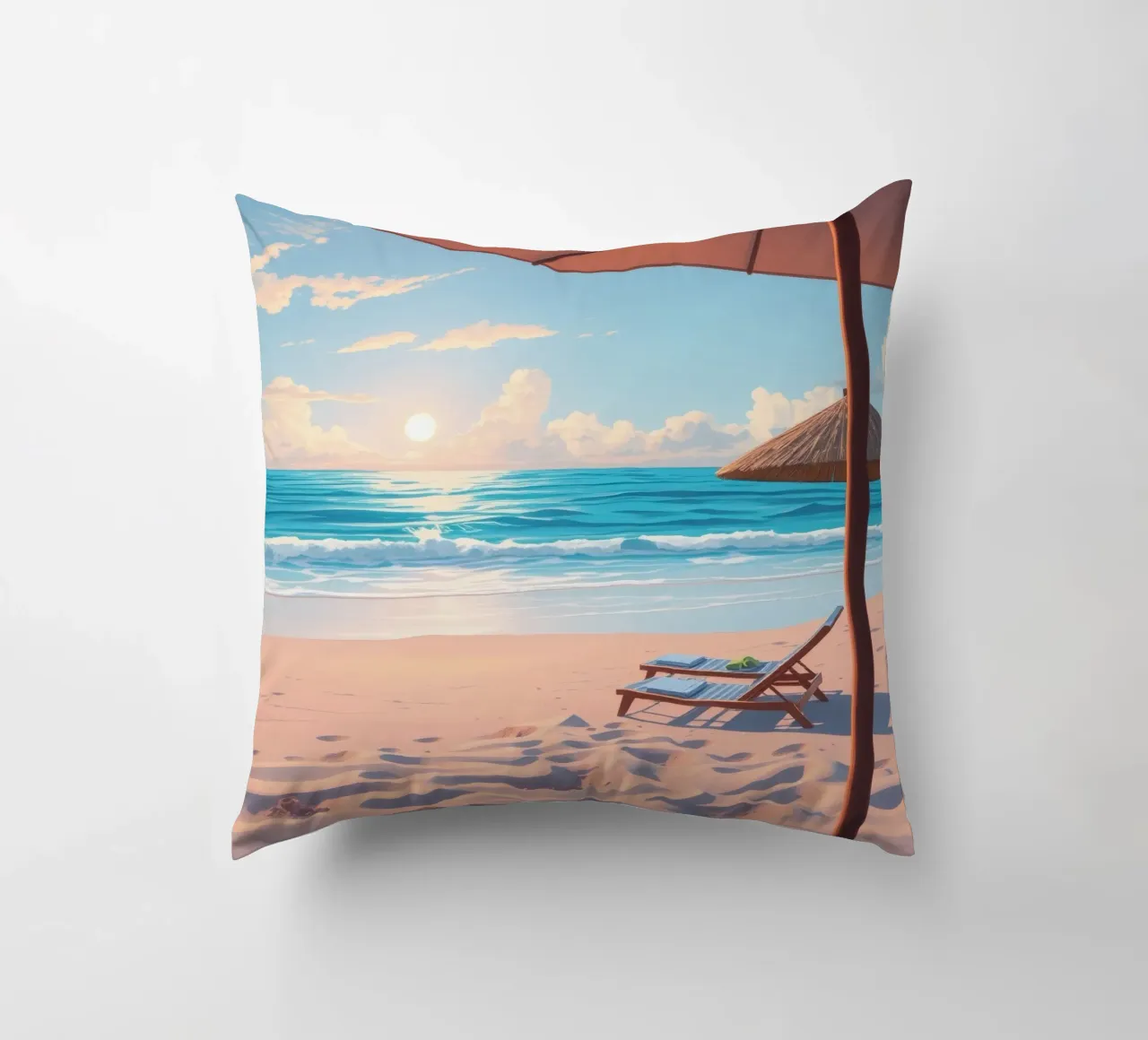 Relaxing beach scene sunset with lounge chair and umbrella decorative cushion by DesignDoodle