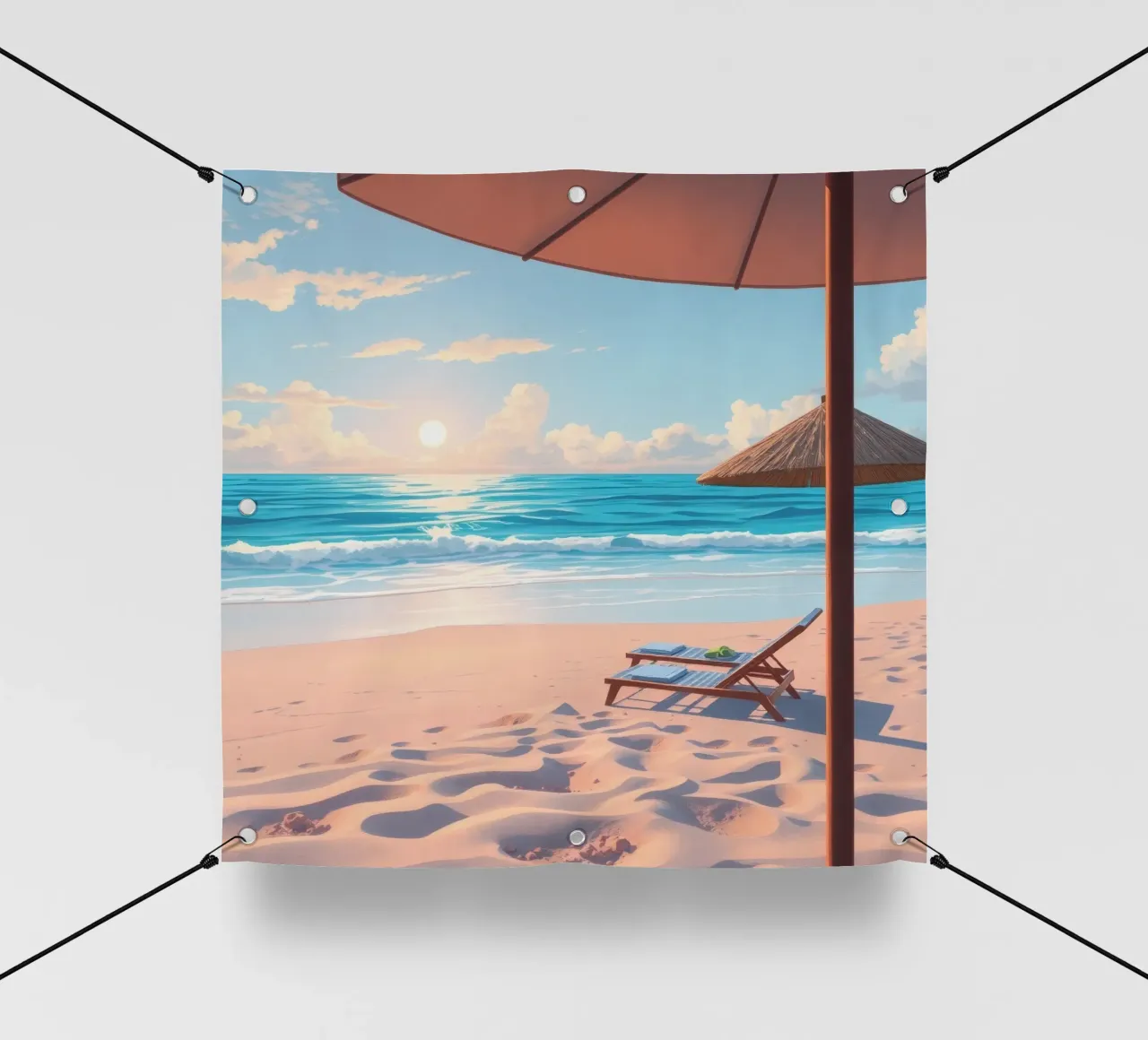 Relaxing beach scene sunset with lounge chair and umbrella pvc cover by DesignDoodle