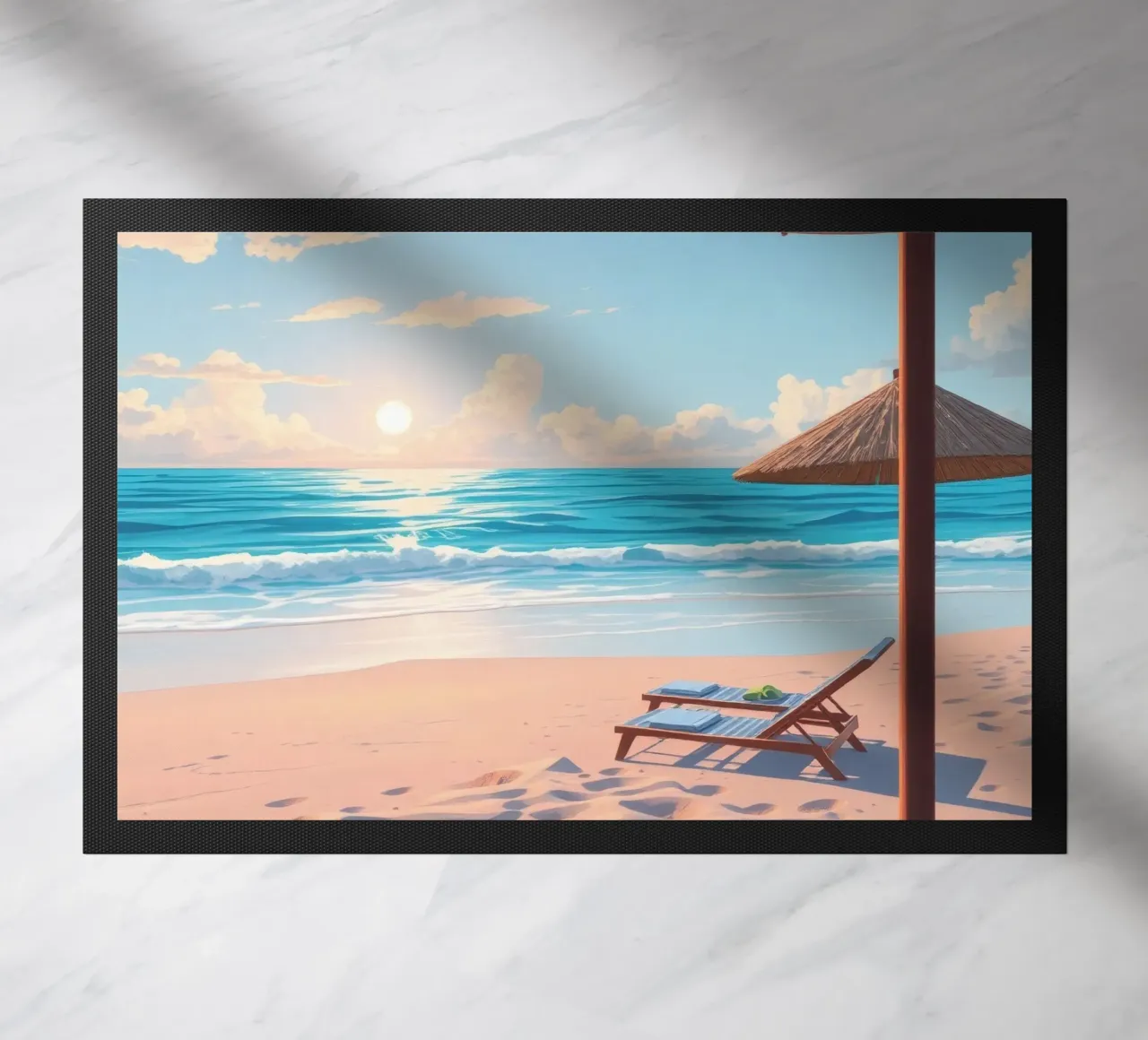Scena rilassante sulla spiaggia al tramonto con sedia a sdraio e ombrellone zerbino da DesignDoodle