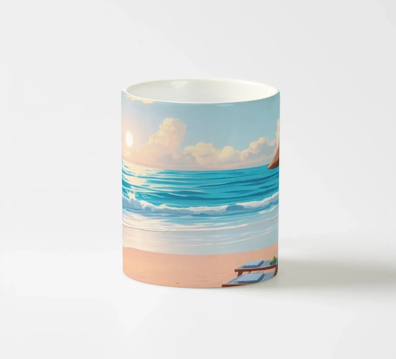Scena rilassante sulla spiaggia al tramonto con sedia a sdraio e ombrellone tazza in ceramica da DesignDoodle