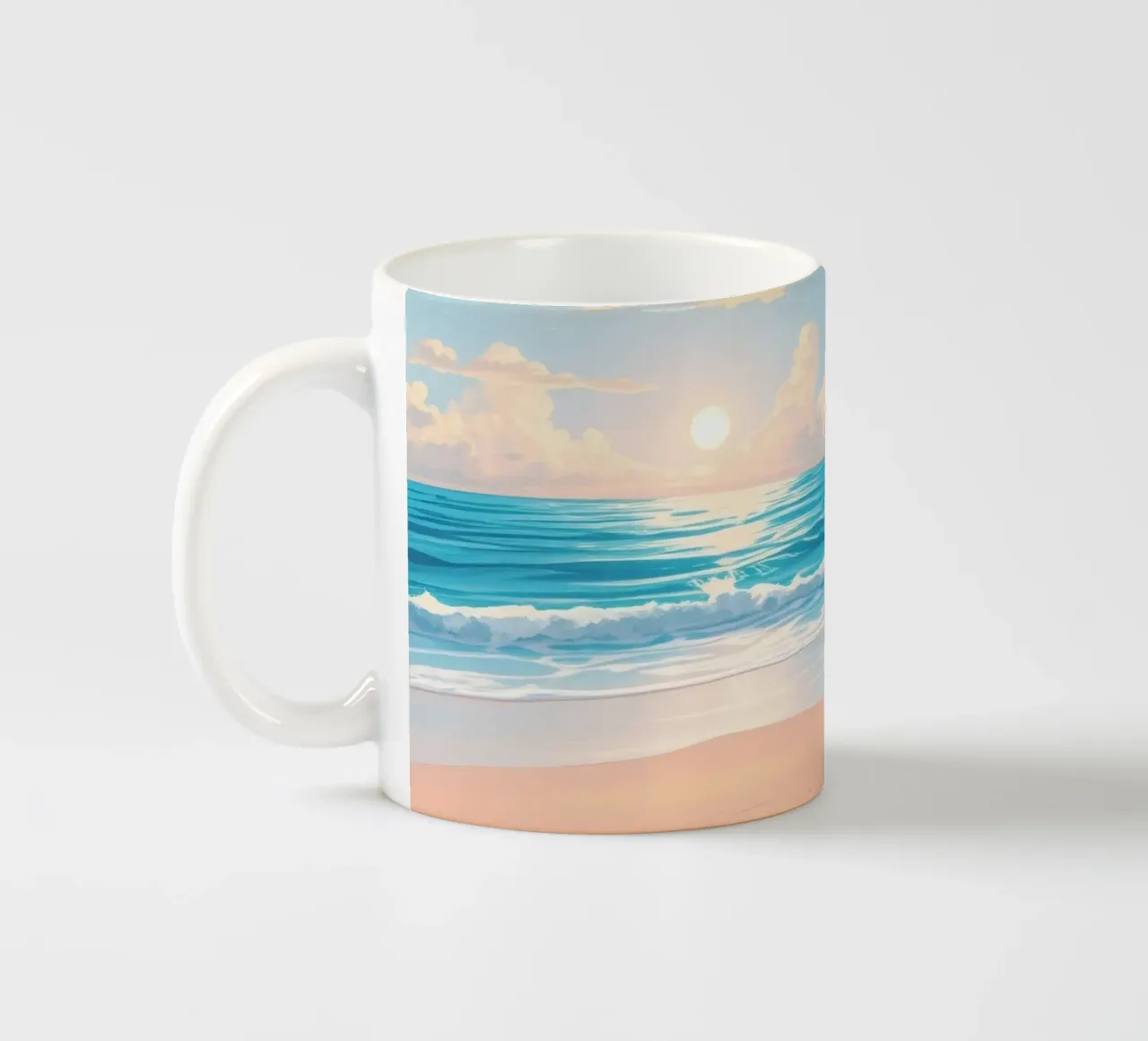 Scena rilassante sulla spiaggia al tramonto con sedia a sdraio e ombrellone tazza in ceramica da DesignDoodle