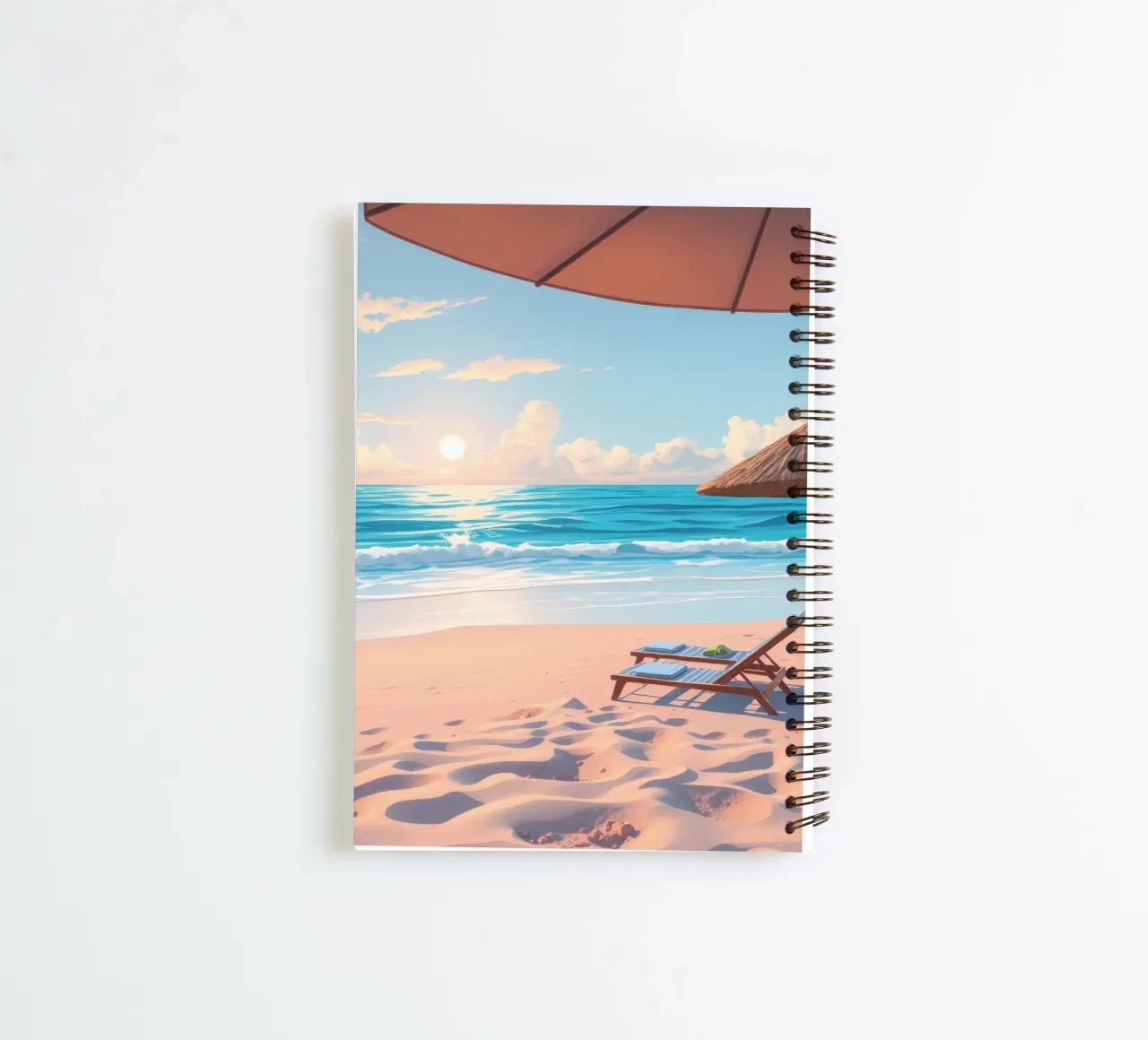 Relaxing beach scene sunset with lounge chair and umbrella spiral notebook by DesignDoodle