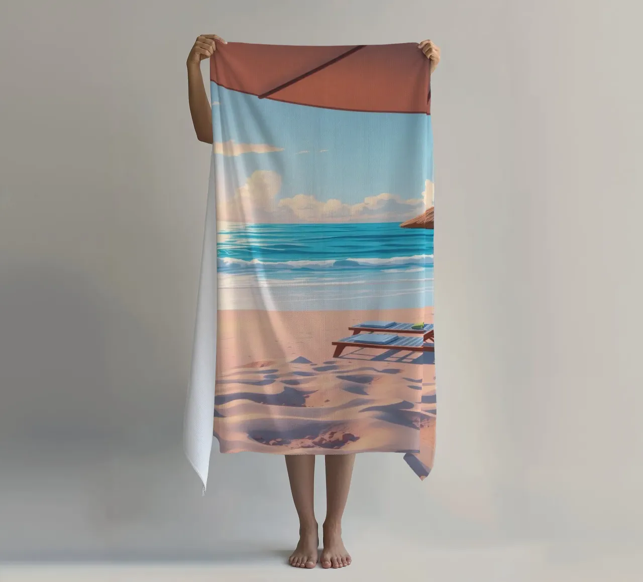Relaxing beach scene sunset with lounge chair and umbrella beach towel by DesignDoodle