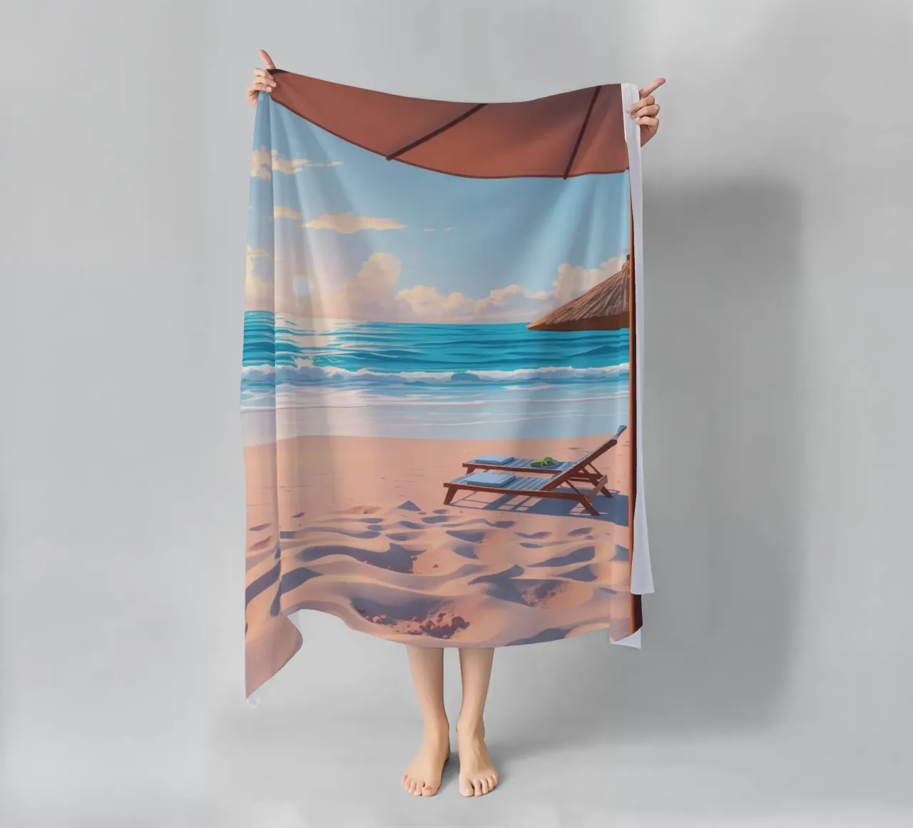 Relaxing beach scene sunset with lounge chair and umbrella beach towel by DesignDoodle