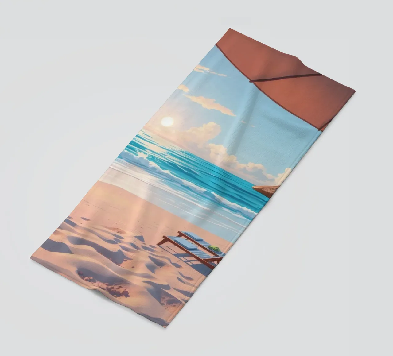 Relaxing beach scene sunset with lounge chair and umbrella beach towel by DesignDoodle
