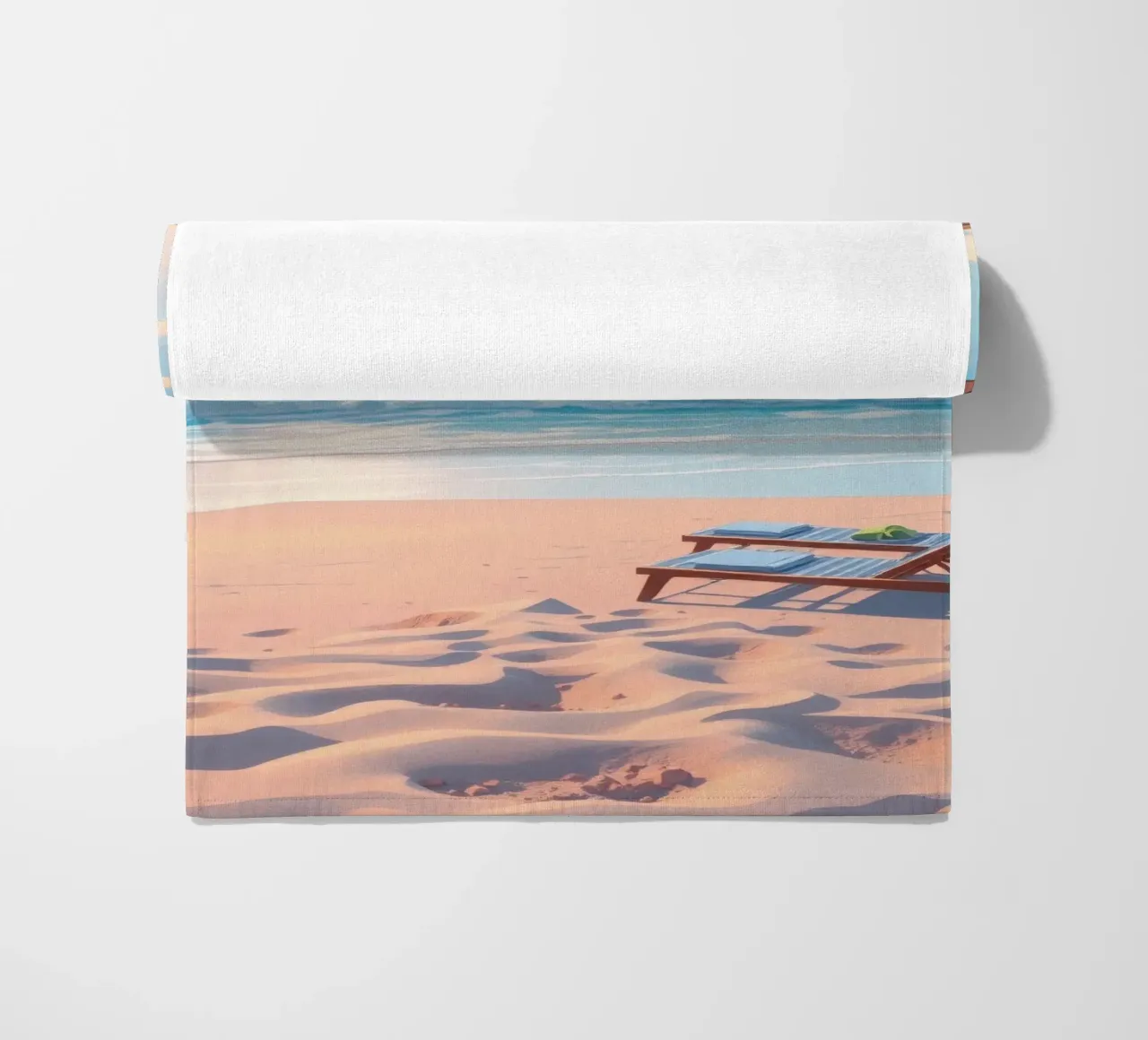 Relaxing beach scene sunset with lounge chair and umbrella beach towel by DesignDoodle