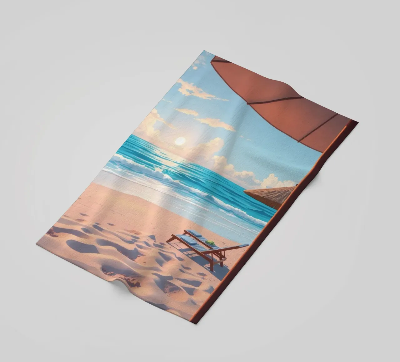Relaxing beach scene sunset with lounge chair and umbrella beach towel by DesignDoodle
