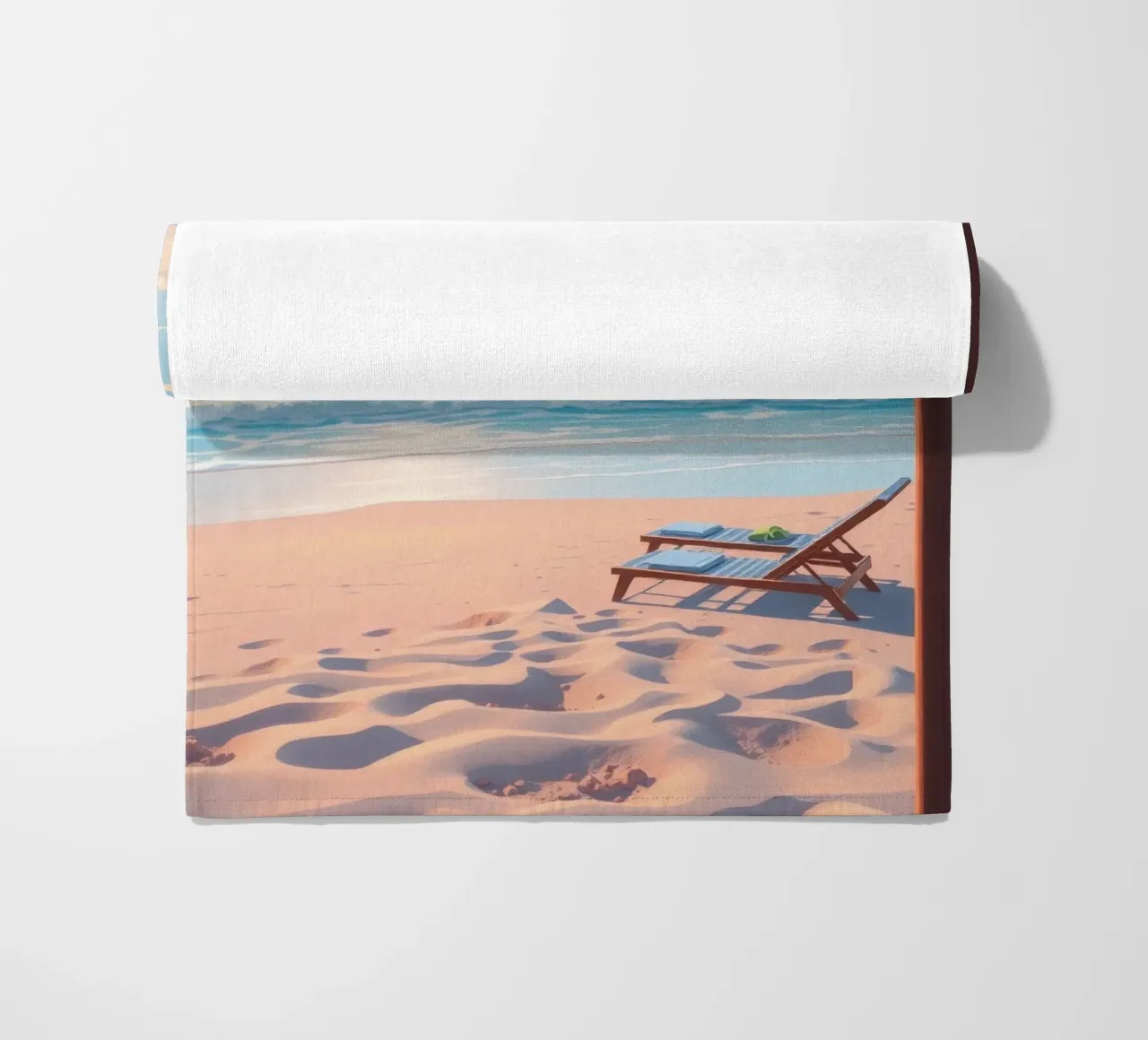 Relaxing beach scene sunset with lounge chair and umbrella beach towel by DesignDoodle