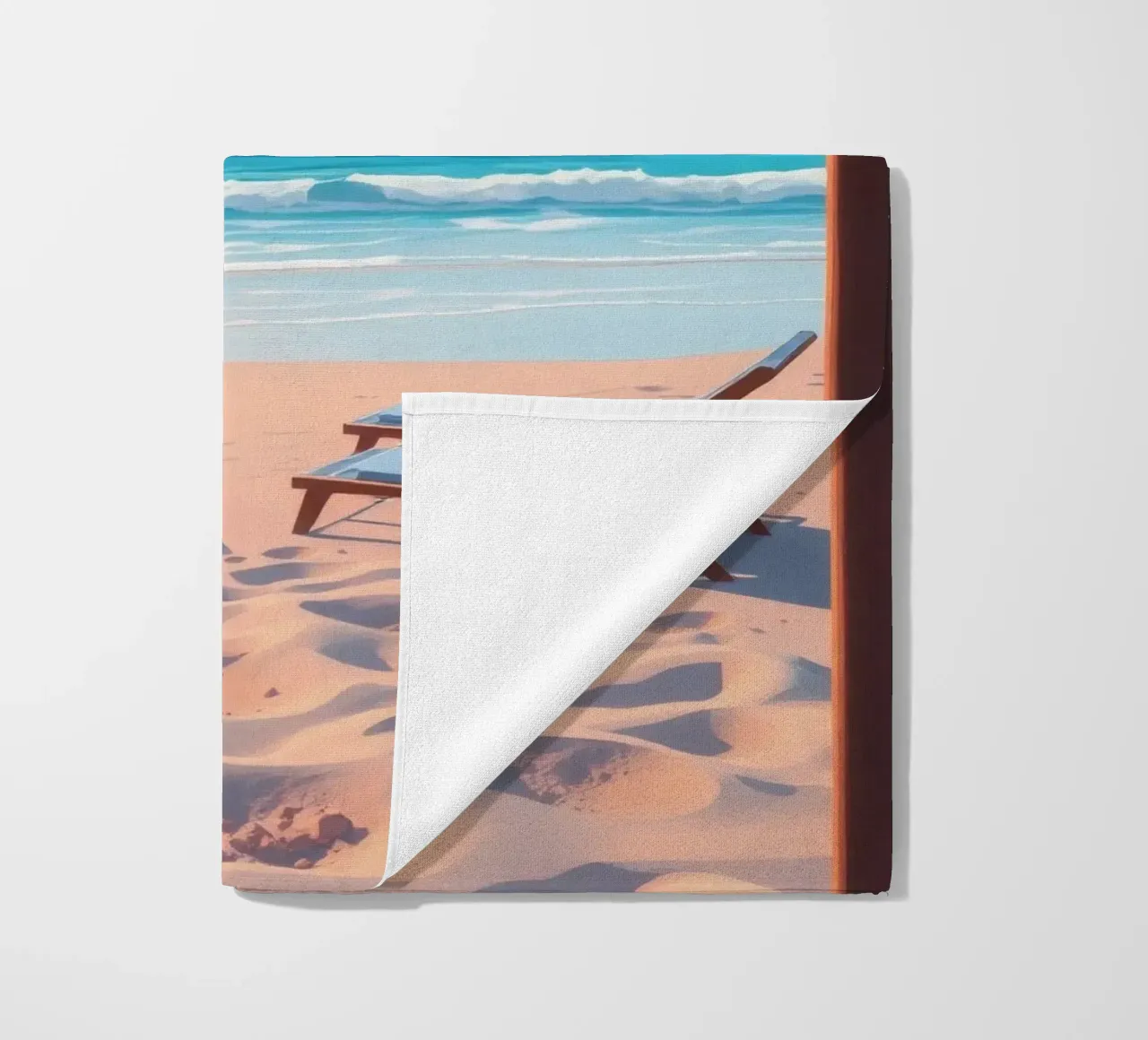 Relaxing beach scene sunset with lounge chair and umbrella beach towel by DesignDoodle