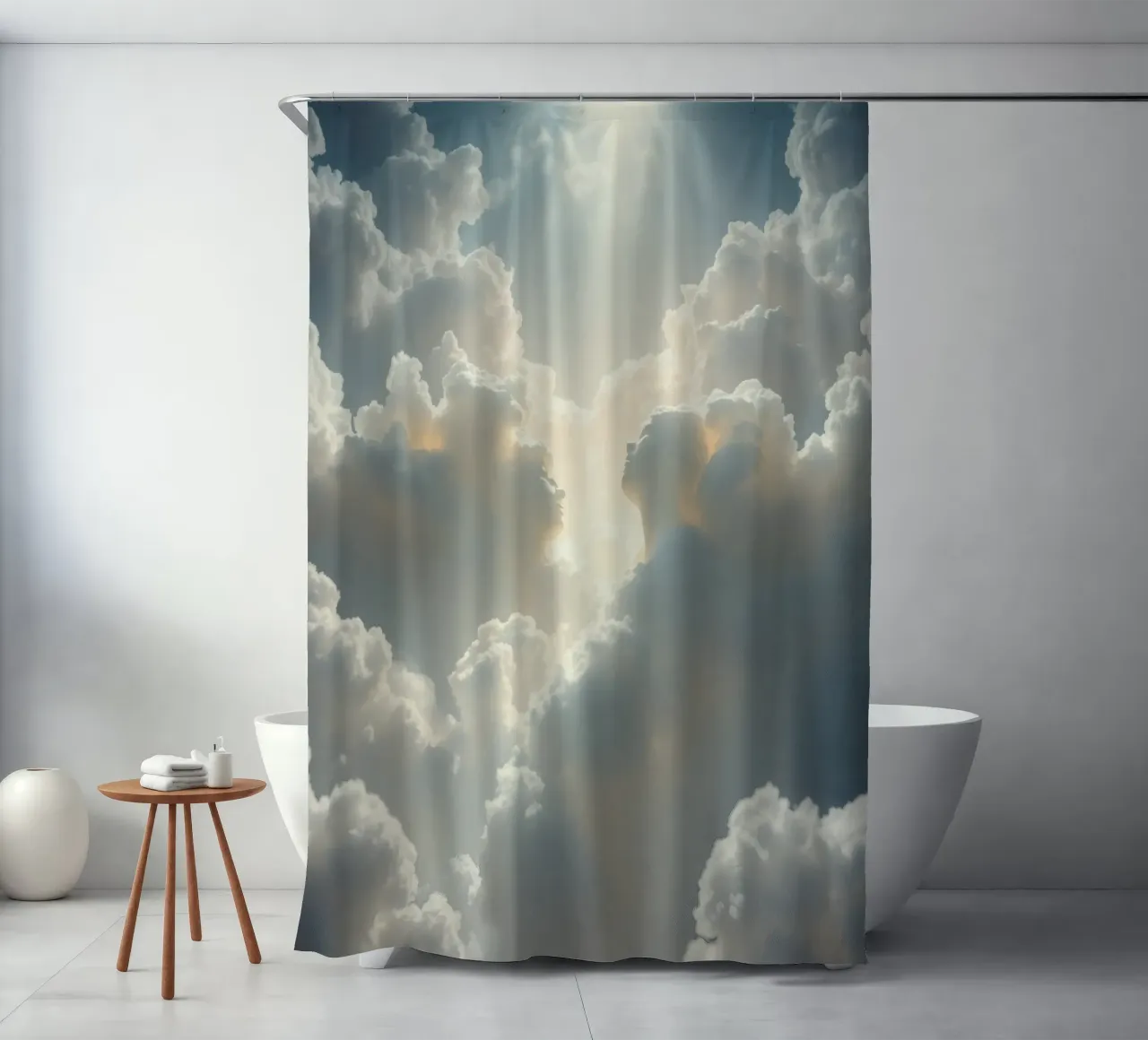 Majestätische Wolken, die vom Sonnenlicht beleuchtet werden, enthüllen eine ätherische Form Duschvorhang von DesignDoodle