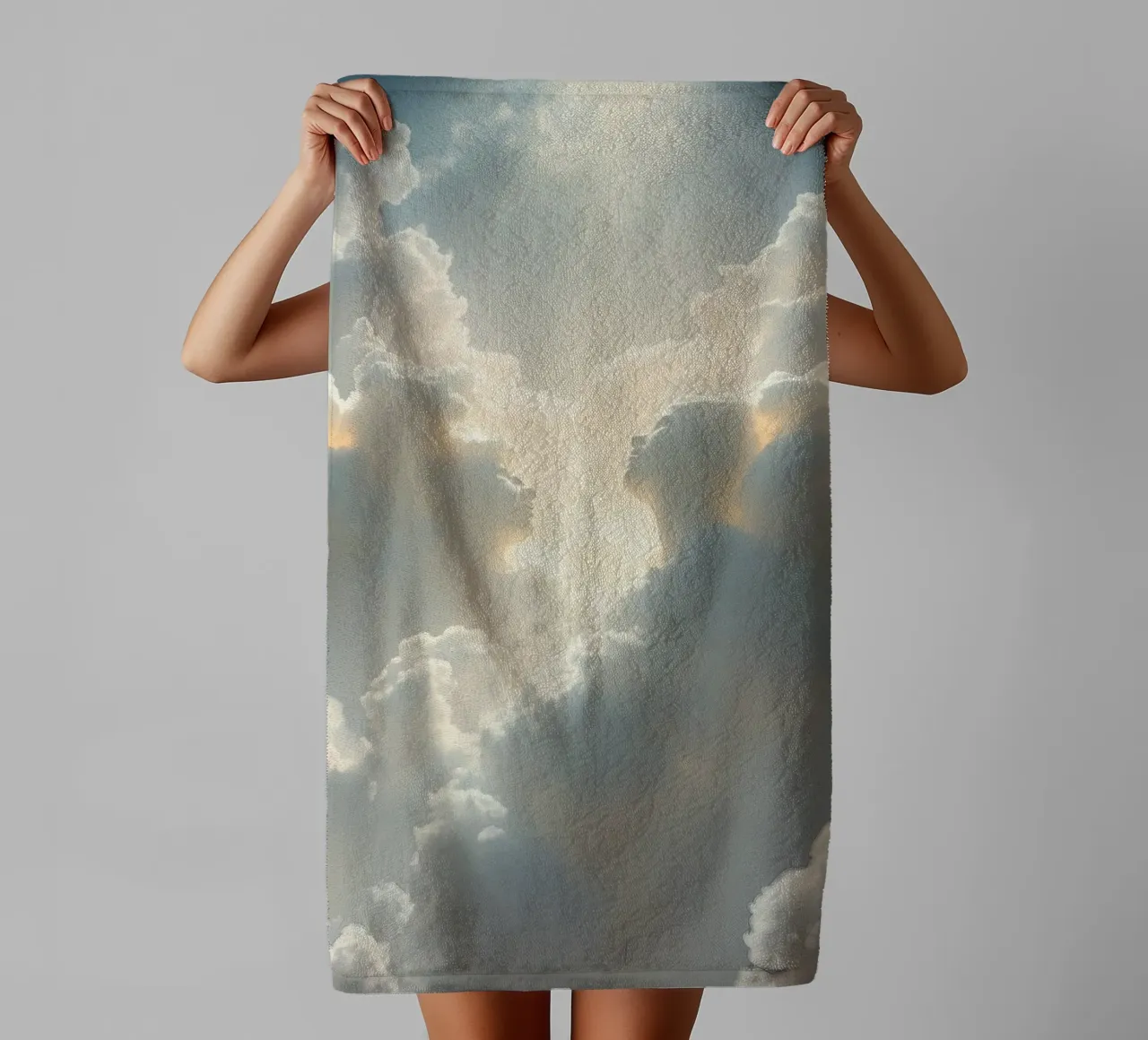Majestic clouds illuminated by sunlight reveal ethereal shap towel by DesignDoodle