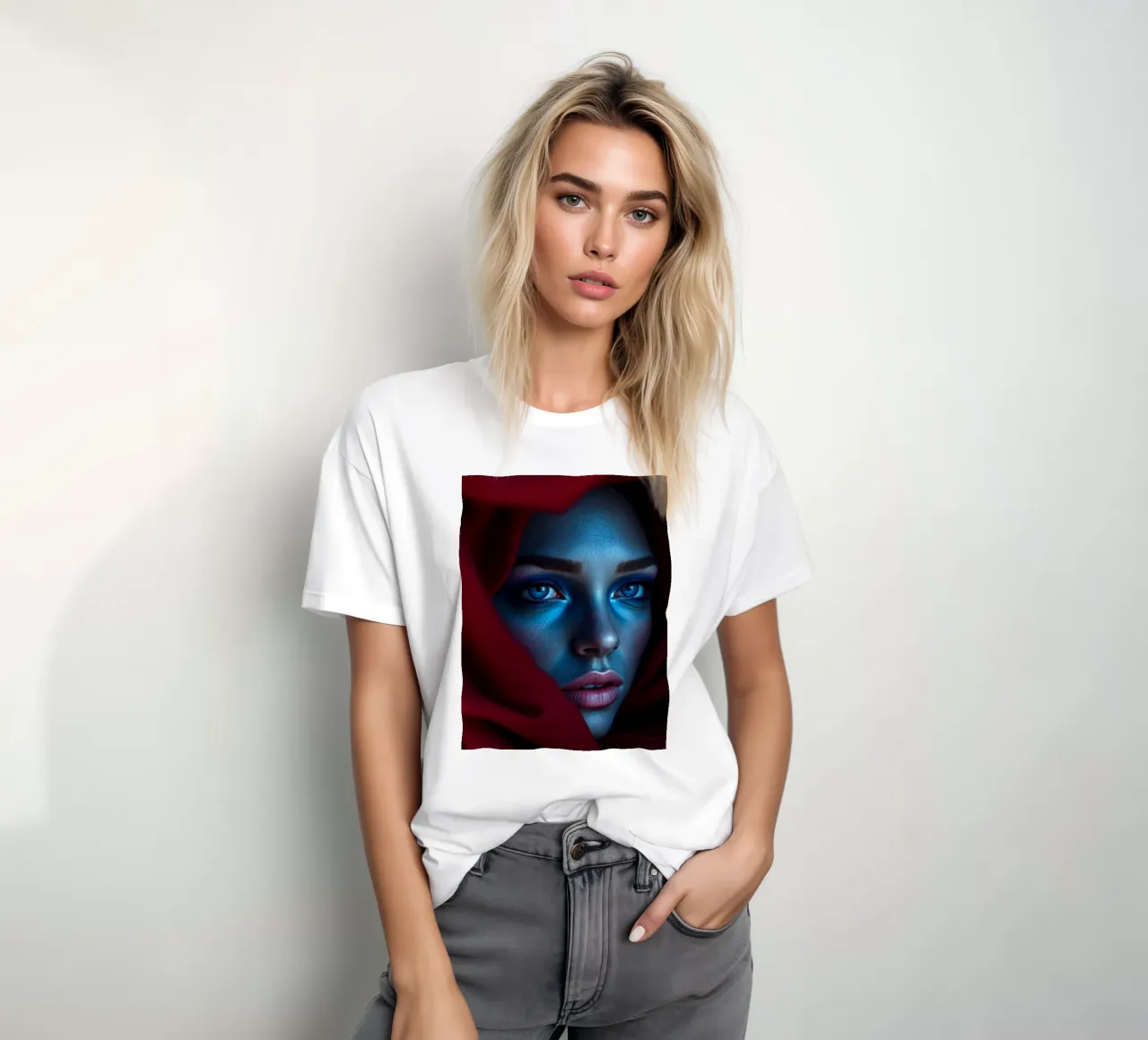 Donna enigmatica, con trucco blu e drappeggio cremisi, di grande effetto t-shirt da DesignDoodle