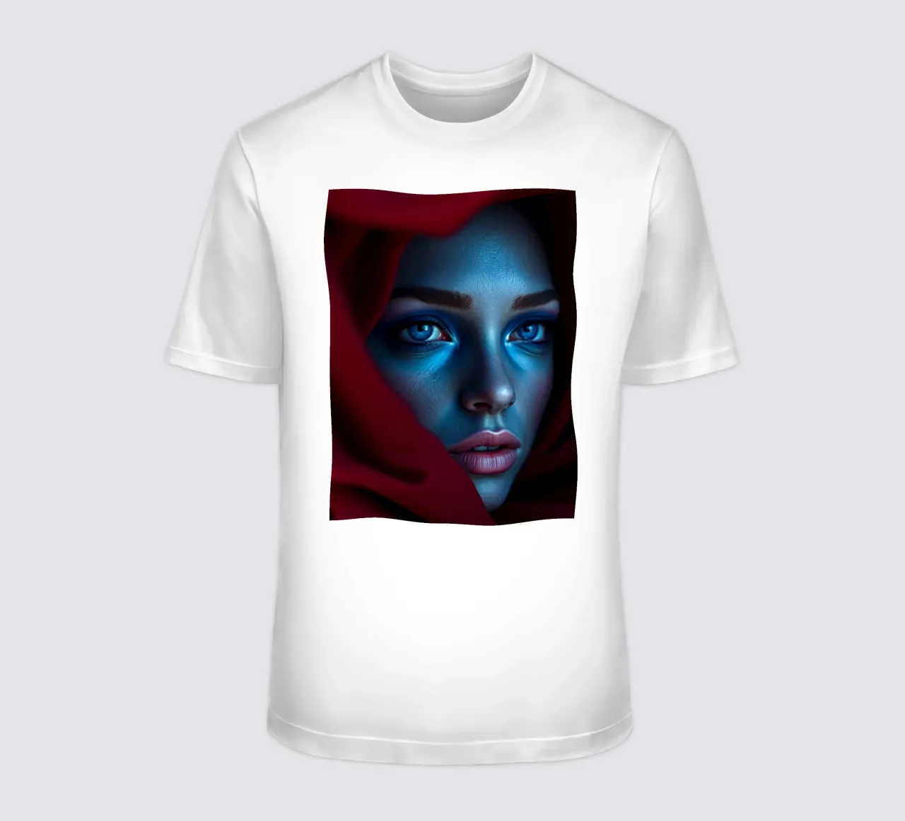 Donna enigmatica, con trucco blu e drappeggio cremisi, di grande effetto t-shirt da DesignDoodle