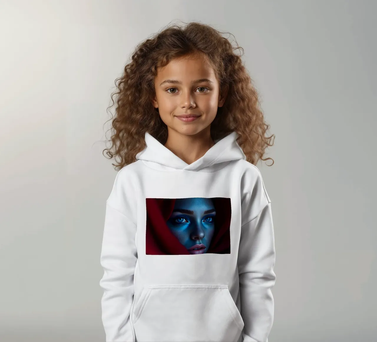 Donna enigmatica, con trucco blu e drappeggio cremisi, di grande effetto felpa bambino con cappuccio da DesignDoodle