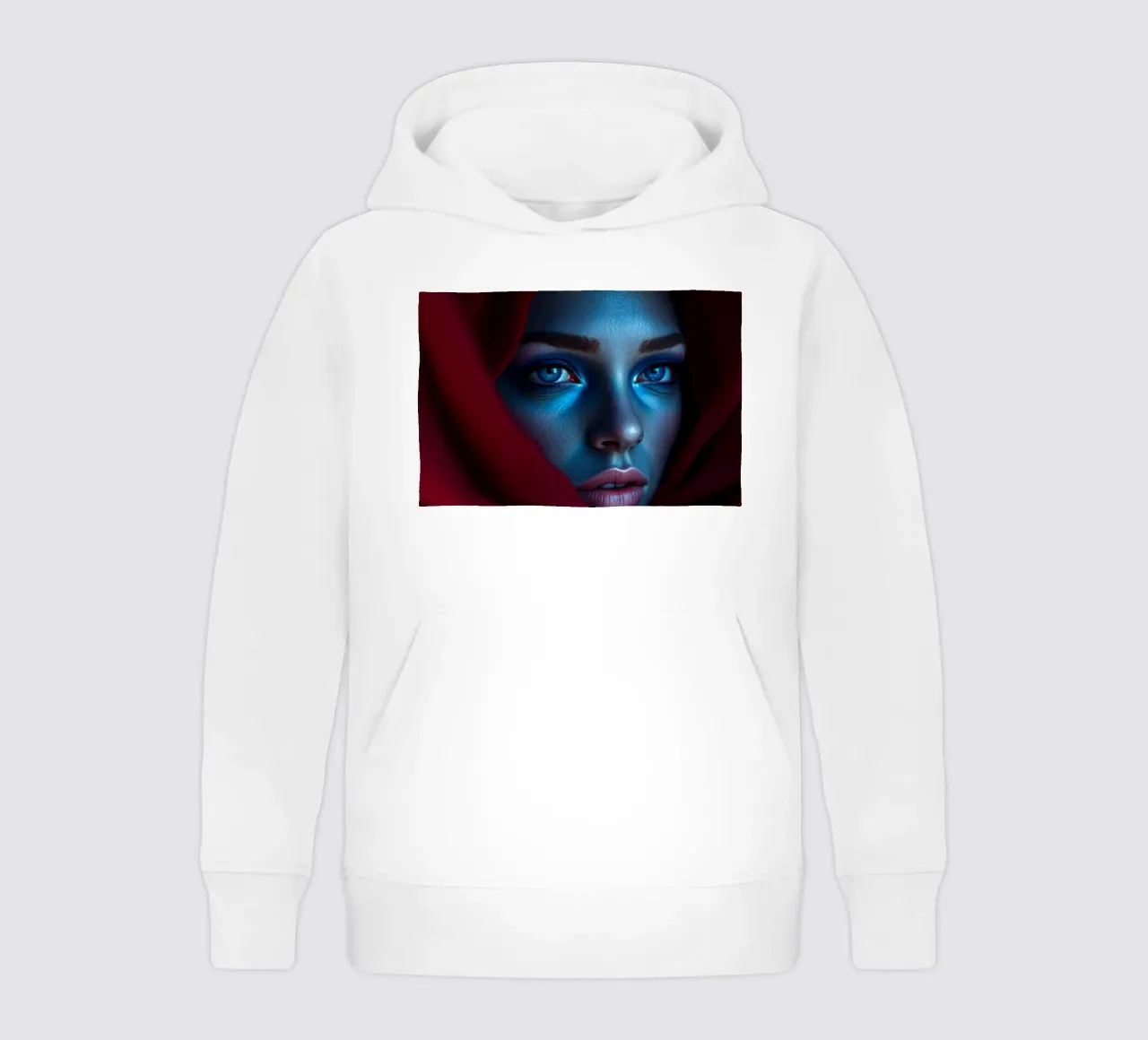Donna enigmatica, con trucco blu e drappeggio cremisi, di grande effetto felpa bambino con cappuccio da DesignDoodle