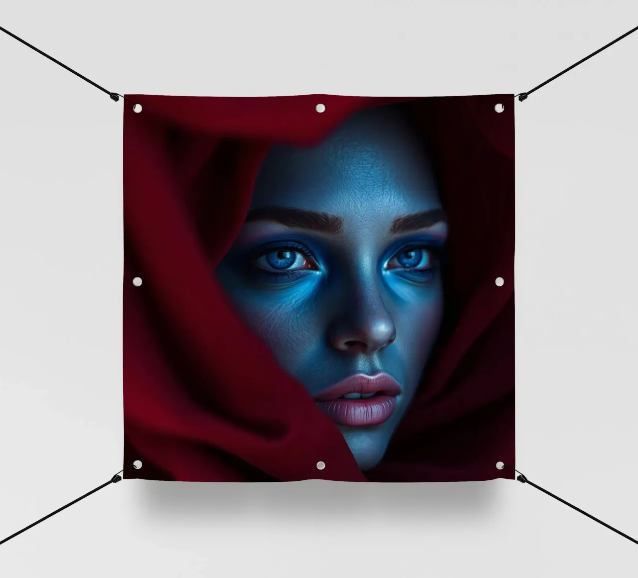 Donna enigmatica, con trucco blu e drappeggio cremisi, di grande effetto telo in pvc da DesignDoodle